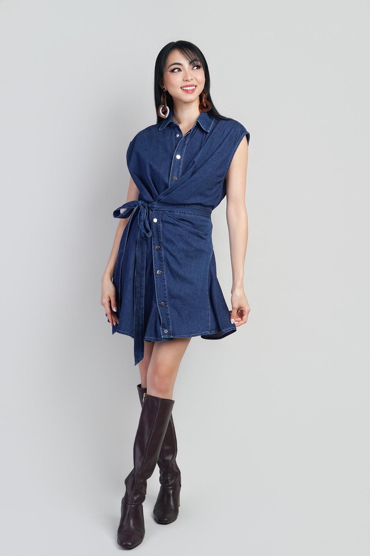 Blue Denim Asym Tie Waist Puff Sleeve Dress