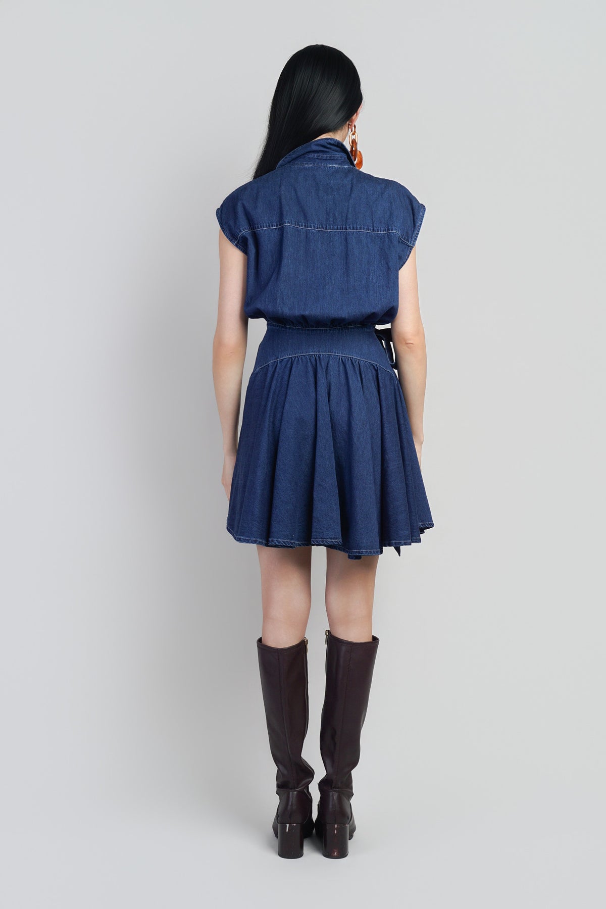 Blue Denim Asym Tie Waist Puff Sleeve Dress