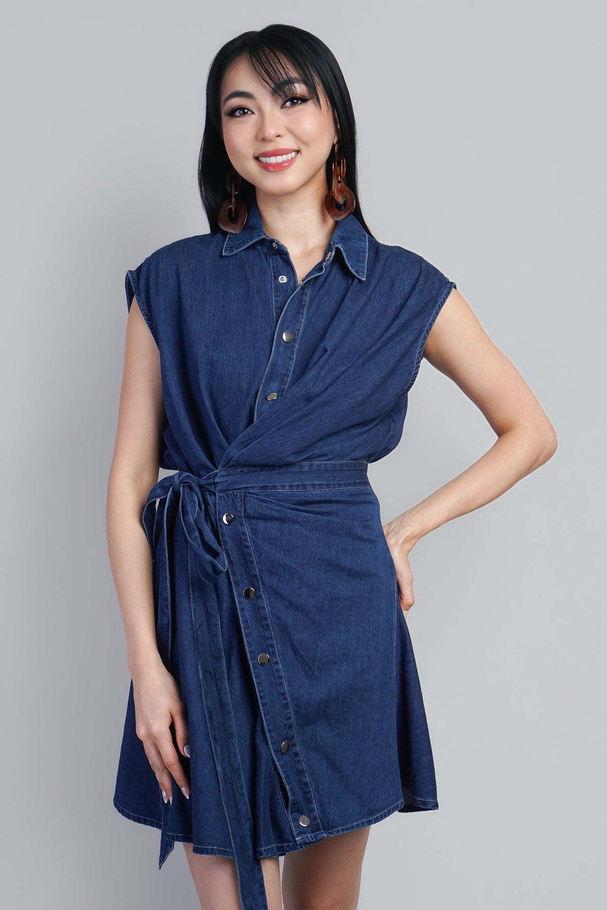 Blue Denim Asym Tie Waist Puff Sleeve Dress