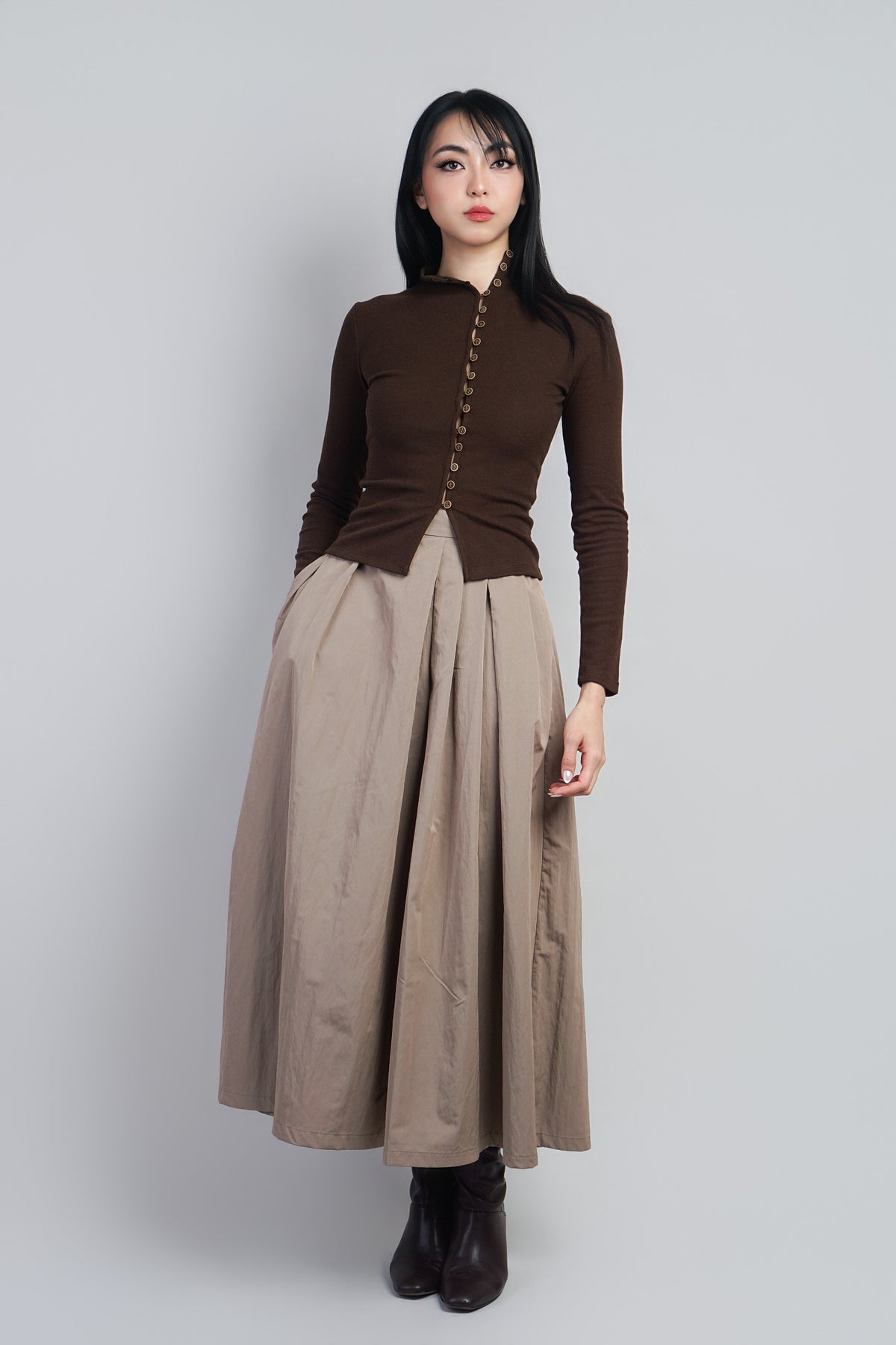 Brown Button Front Mock Neck Sweater Cardigan