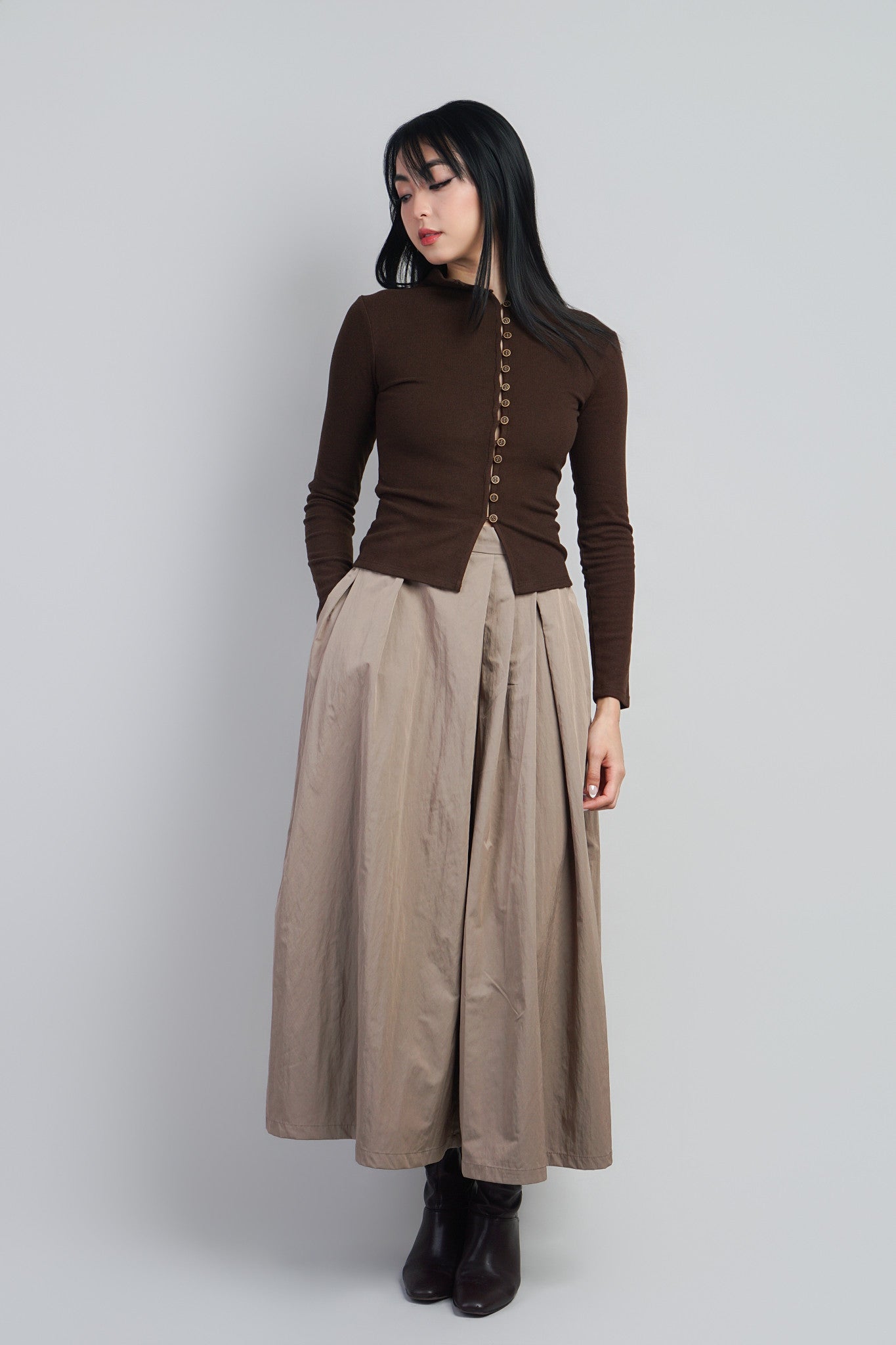 Brown Button Front Mock Neck Sweater Cardigan