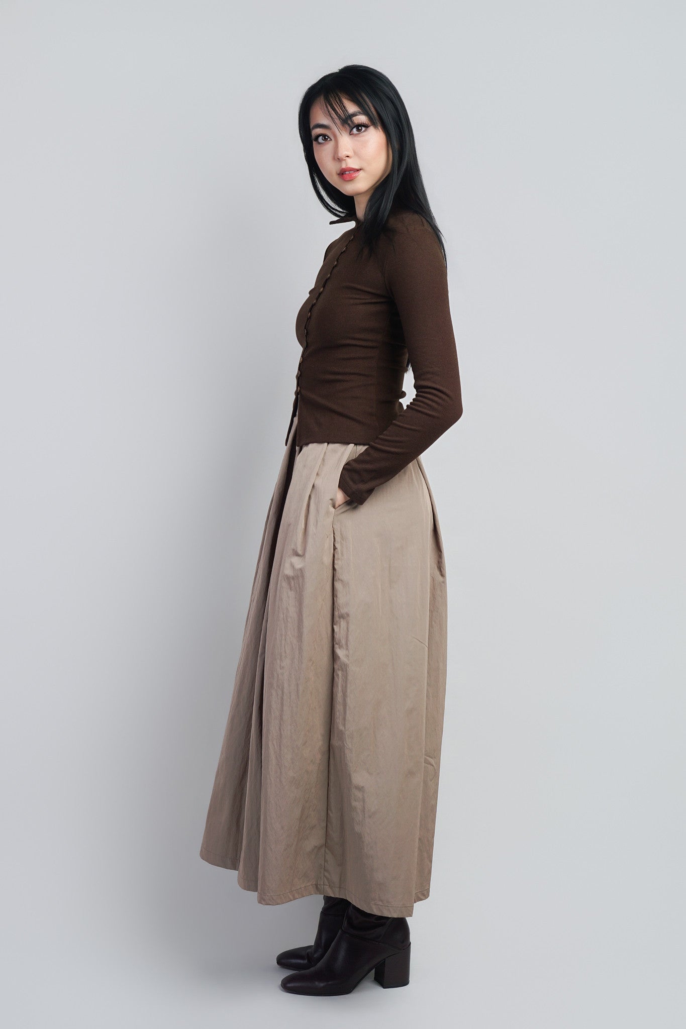Brown Button Front Mock Neck Sweater Cardigan