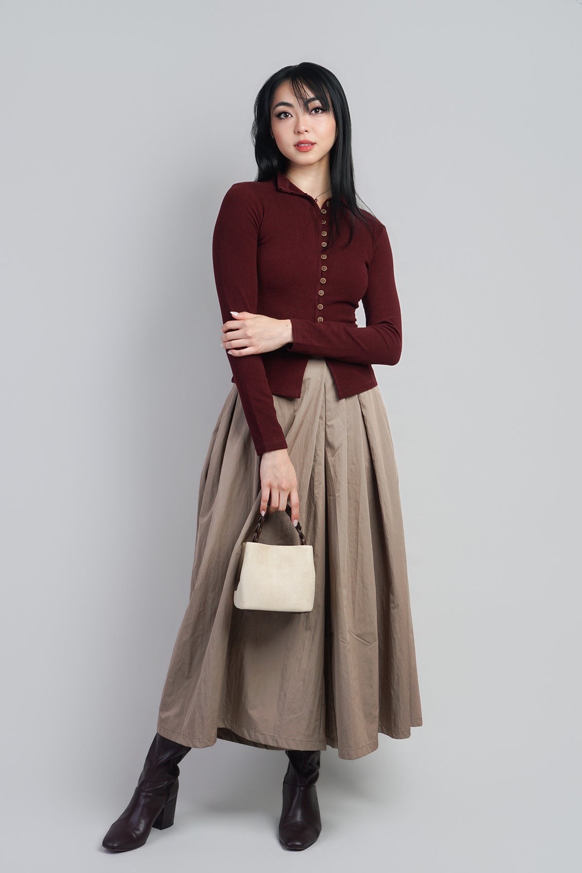 Brown Button Front Mock Neck Sweater Cardigan