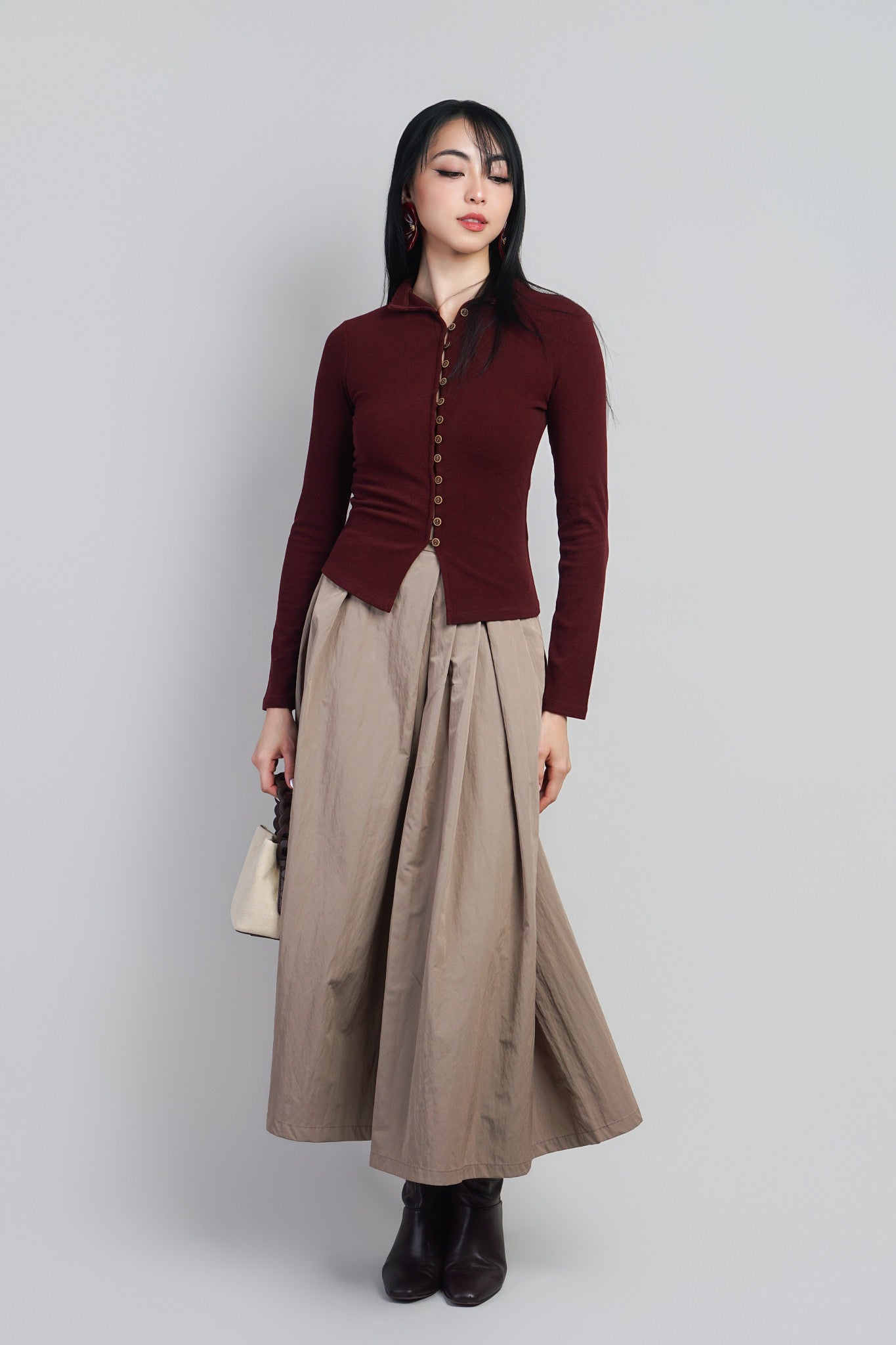 OX Blood Button Front Mock Neck Long Sweater Cardigan