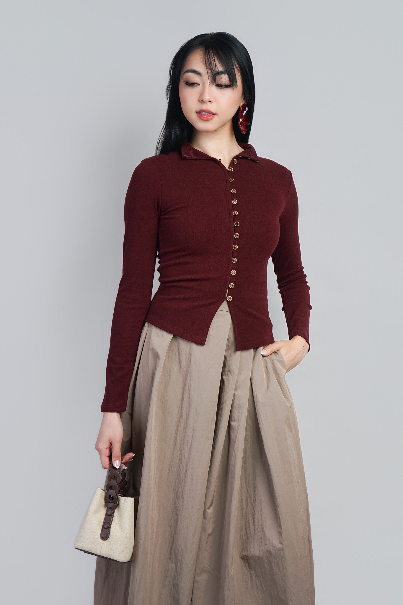 OX Blood Button Front Mock Neck Long Sweater Cardigan