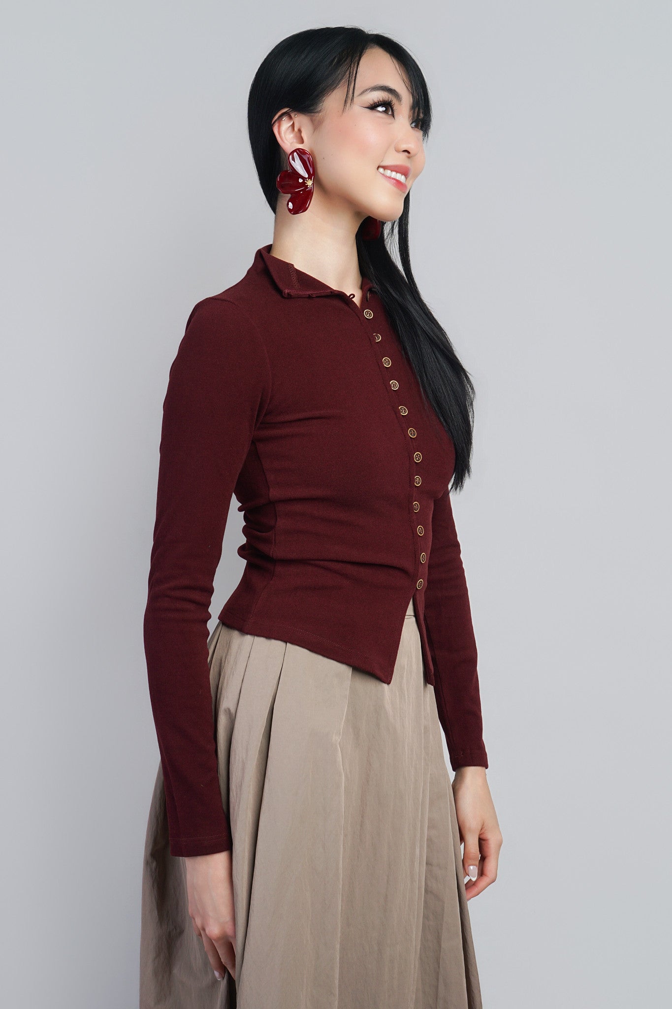OX Blood Button Front Mock Neck Long Sweater Cardigan