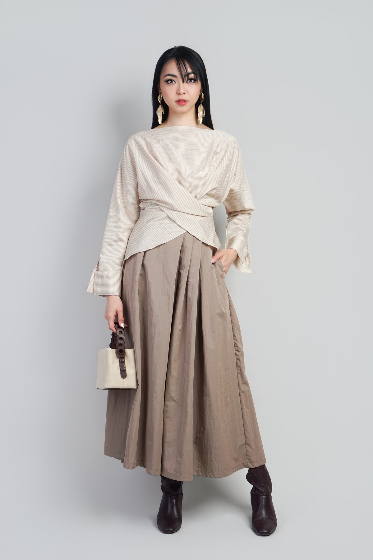 Khaki Flowy Pleated Wide-leg Pant