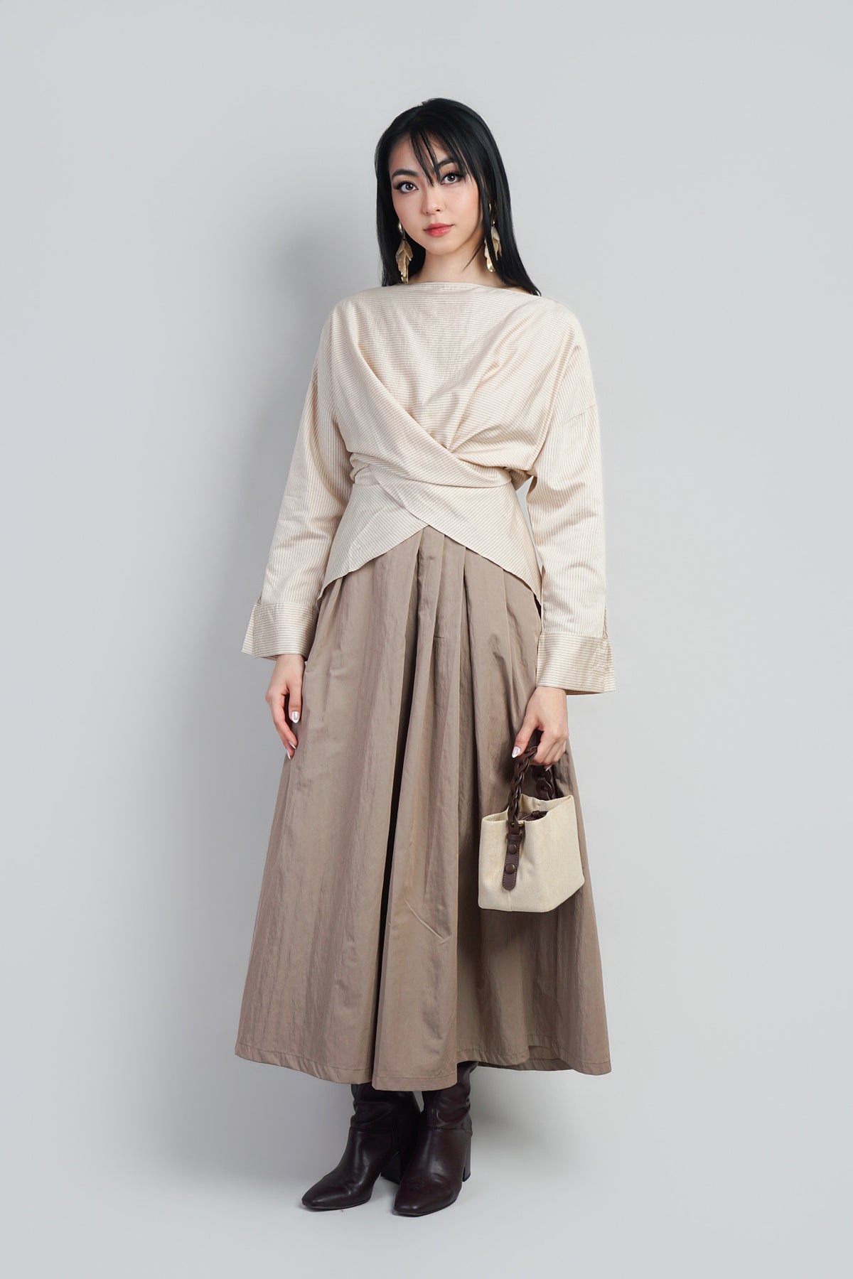 Taupe Mini Blk Stripe Soft Wrap Top