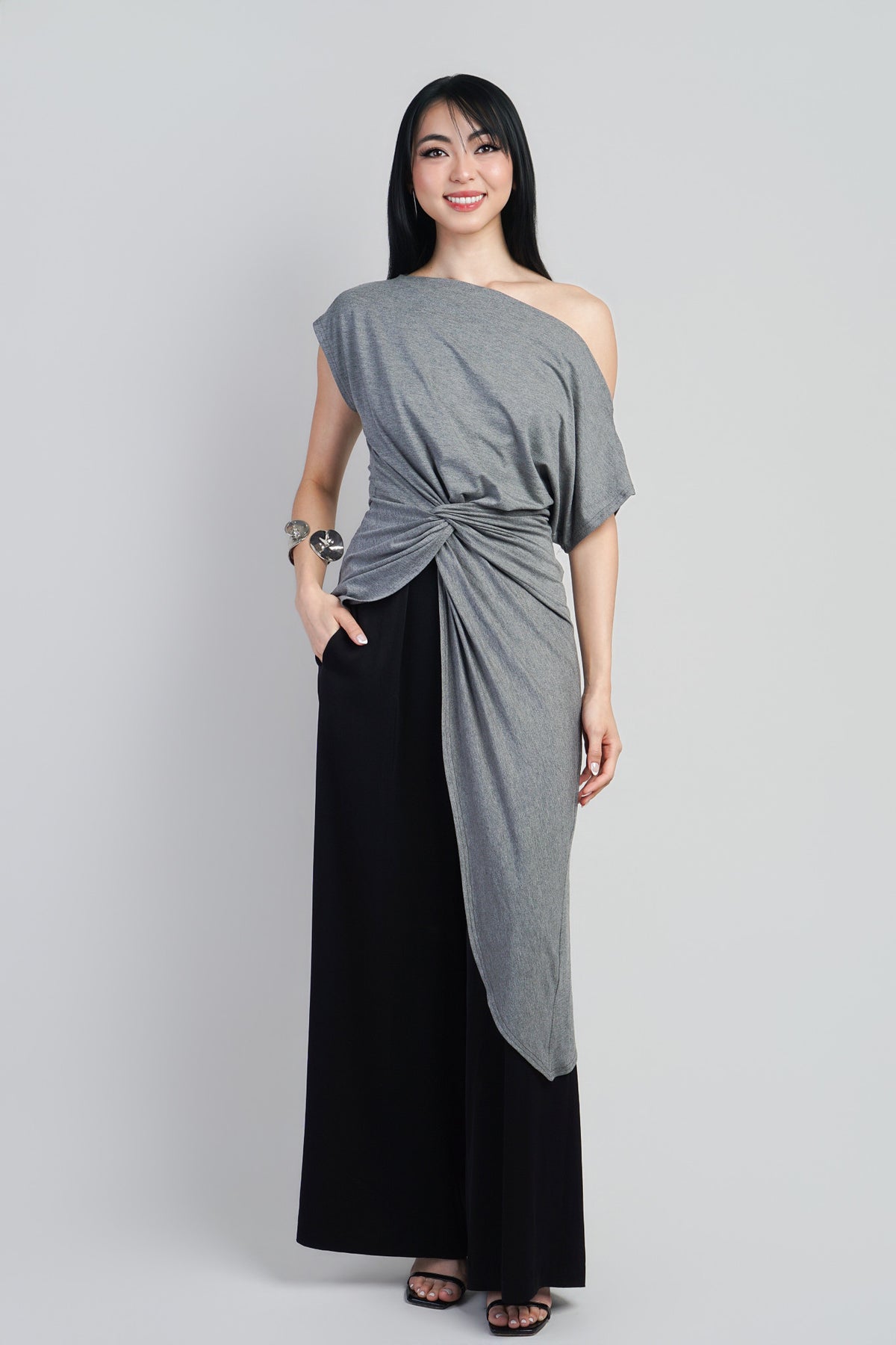 Indie Heather Grey Asym Long Side Drape Top :PREORDER