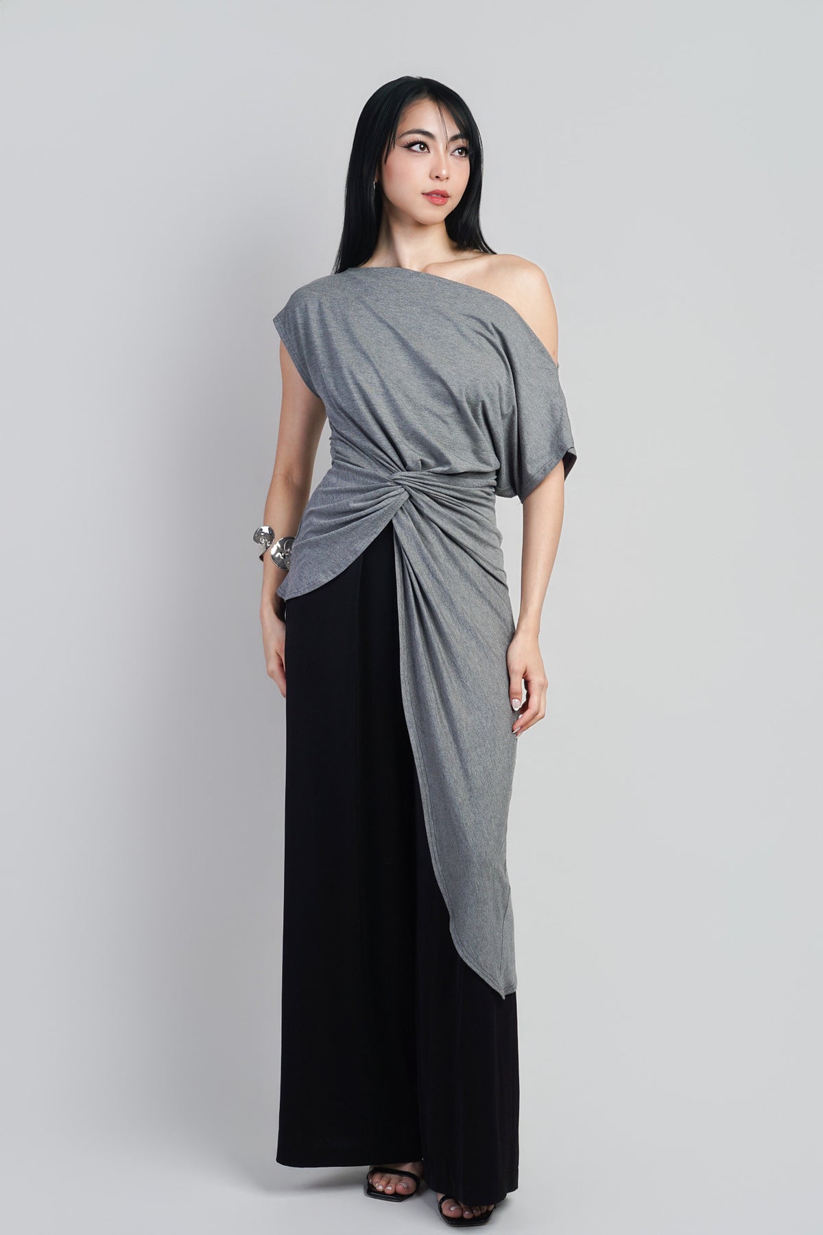 Indie Heather Grey Asym Long Side Drape Top :PREORDER
