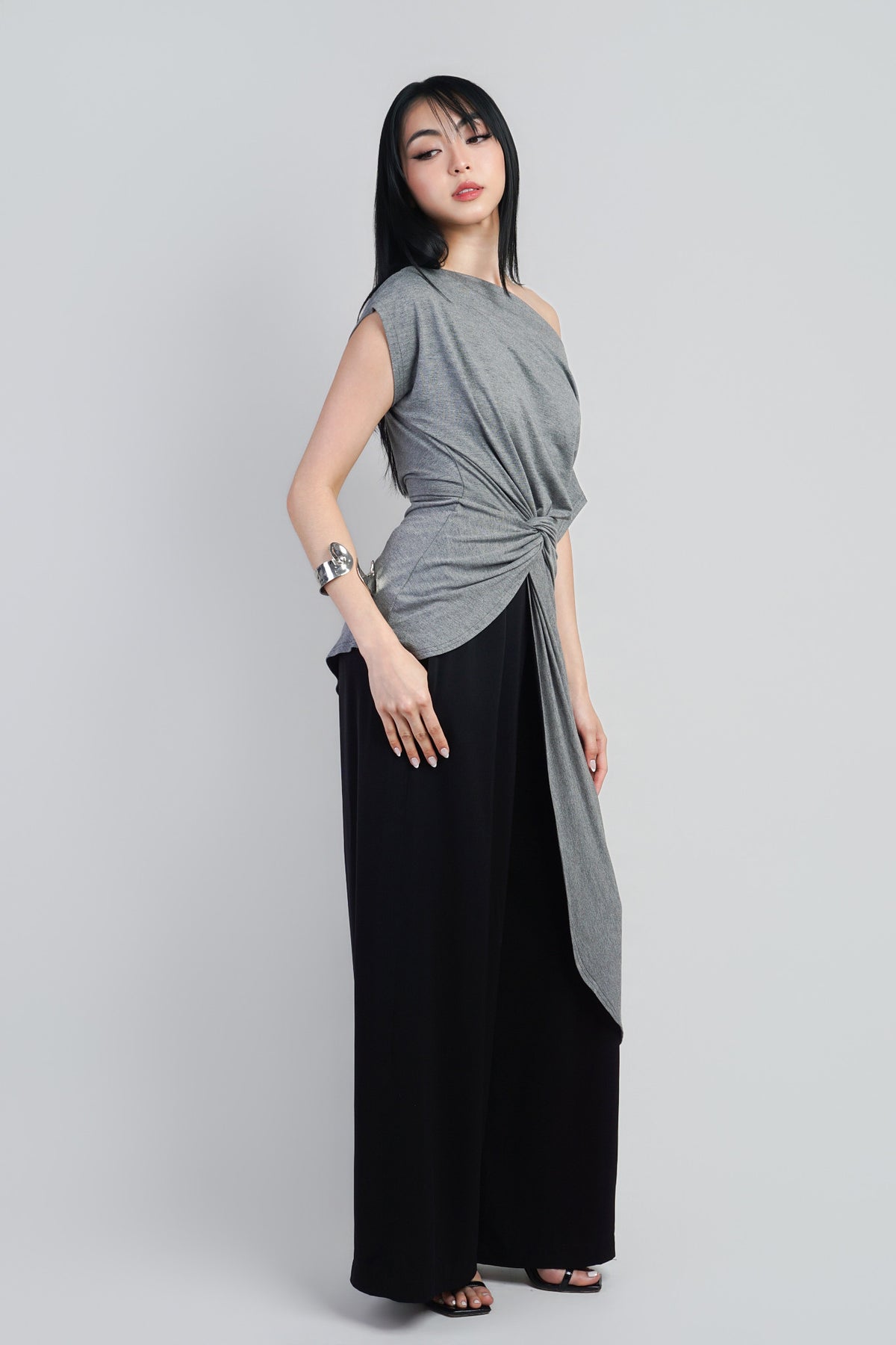 Indie Heather Grey Asym Long Side Drape Top :PREORDER