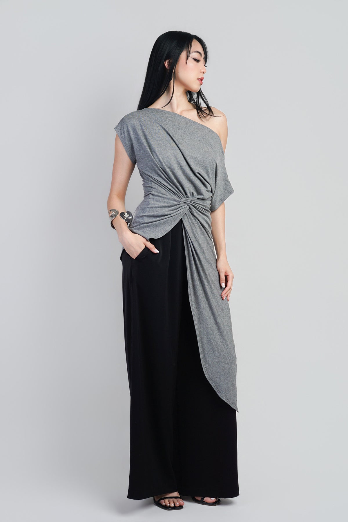 Indie Heather Grey Asym Long Side Drape Top :PREORDER