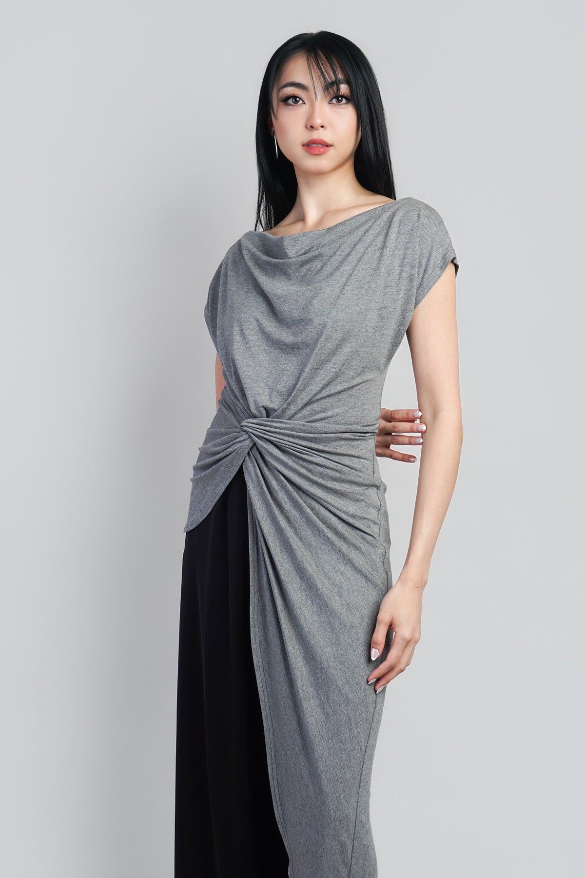 Indie Heather Grey Asym Long Side Drape Top :PREORDER