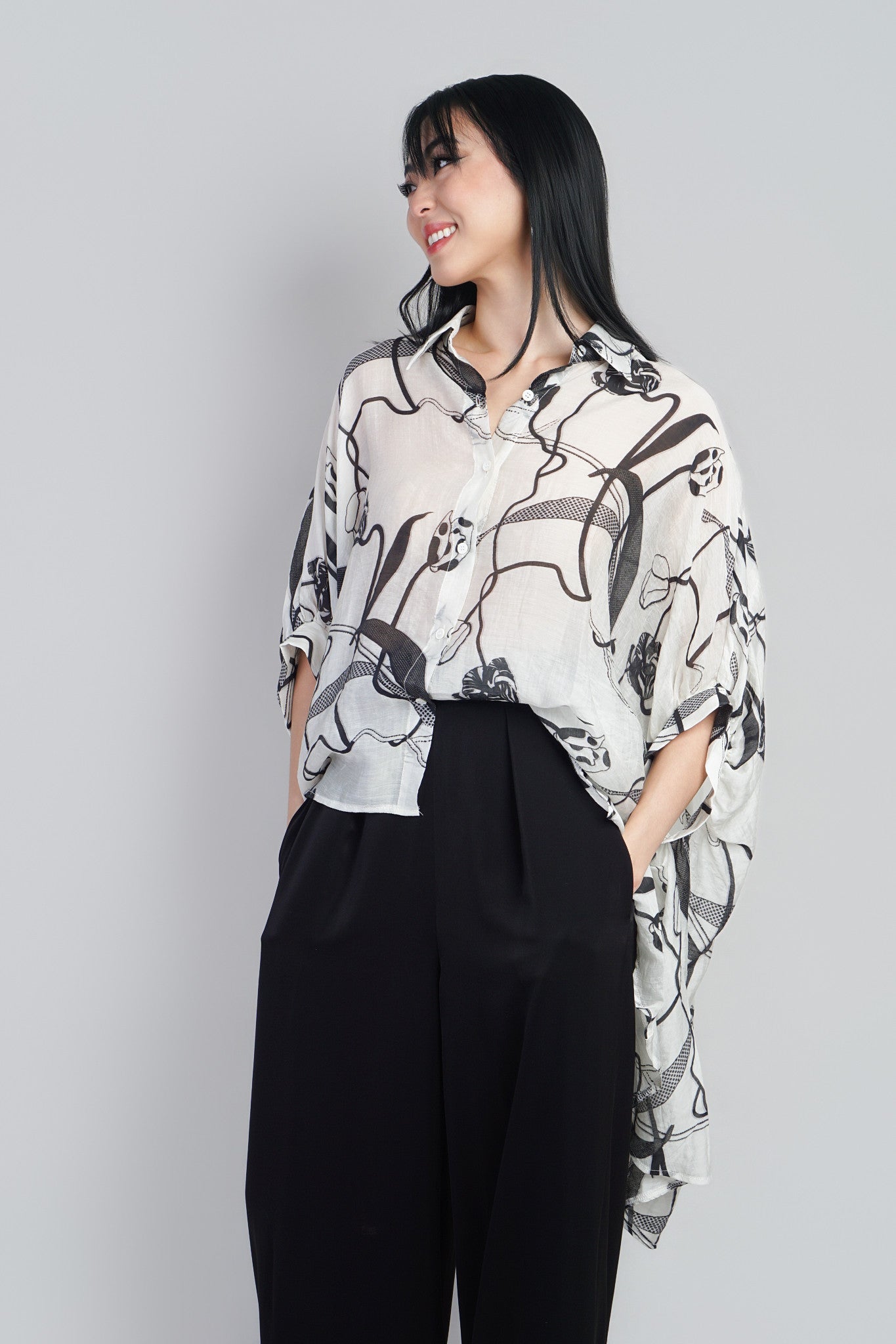 Ivory Abstract Print Sheer Hi-low Button Down Tunic