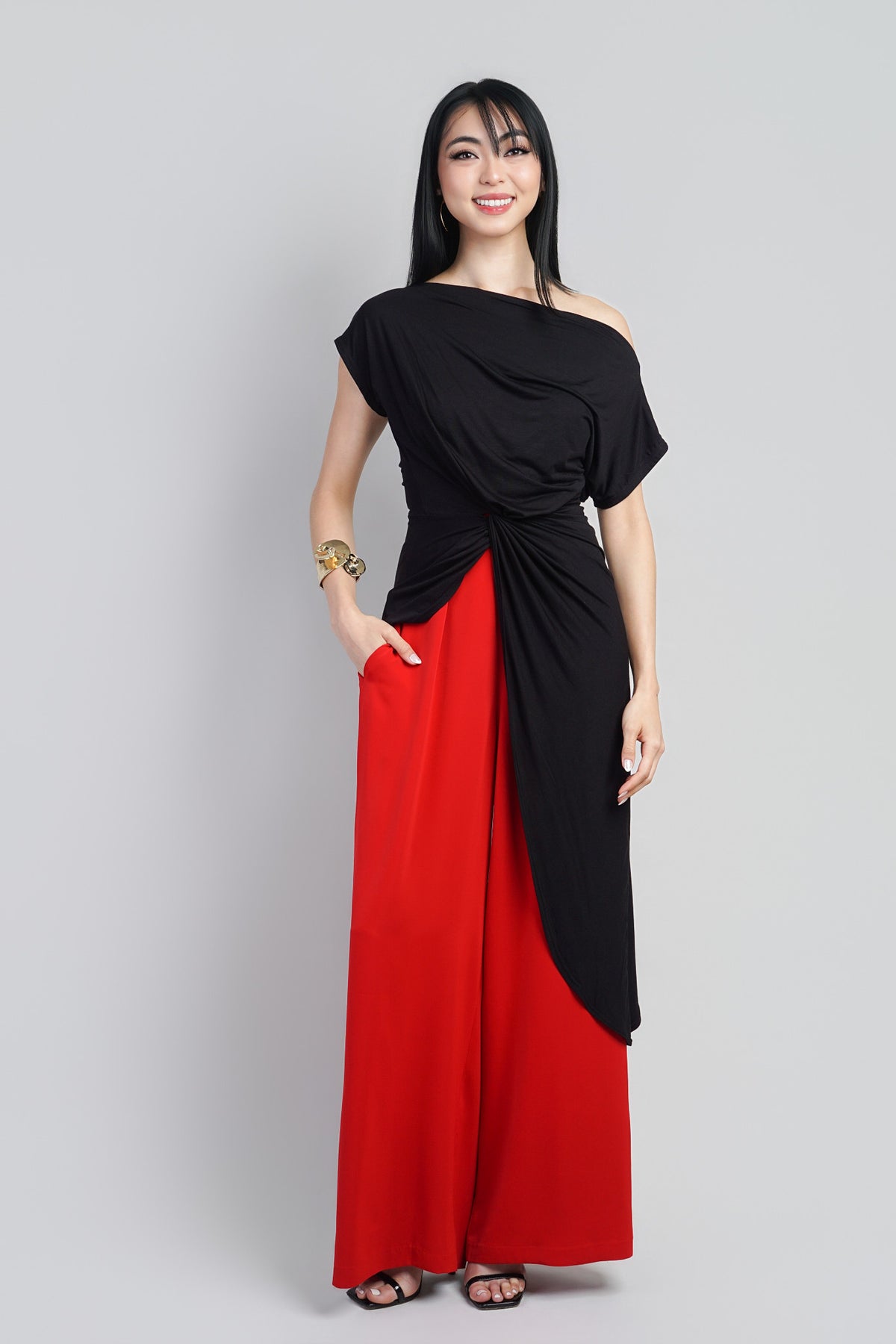Indie  Black Asym Long Side Drape Top :PREORDER