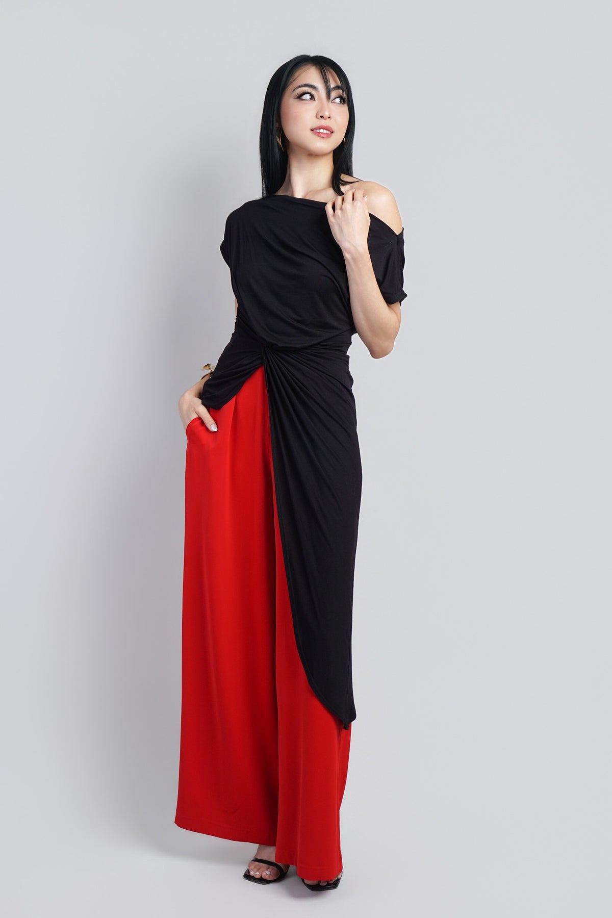 Indie  Black Asym Long Side Drape Top :PREORDER