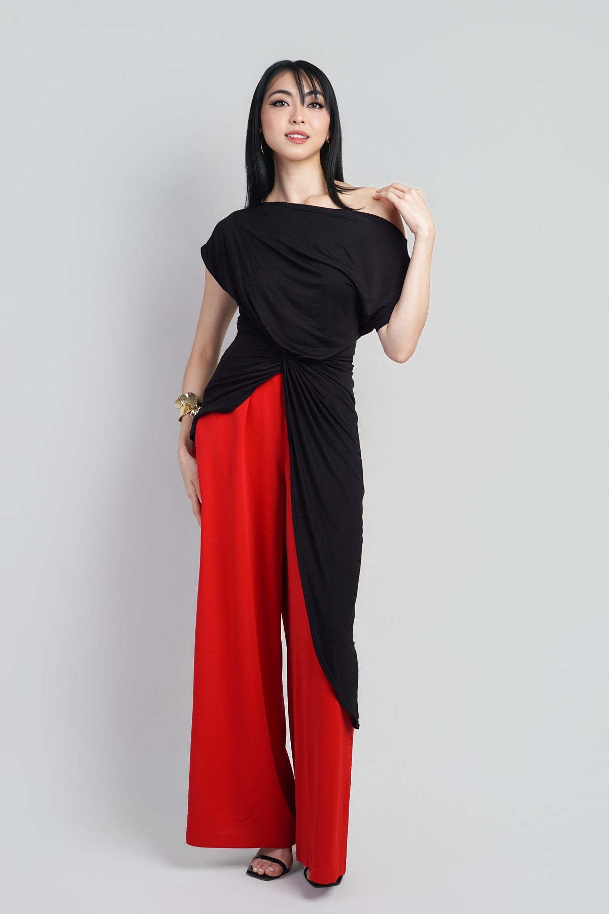 Indie  Black Asym Long Side Drape Top :PREORDER