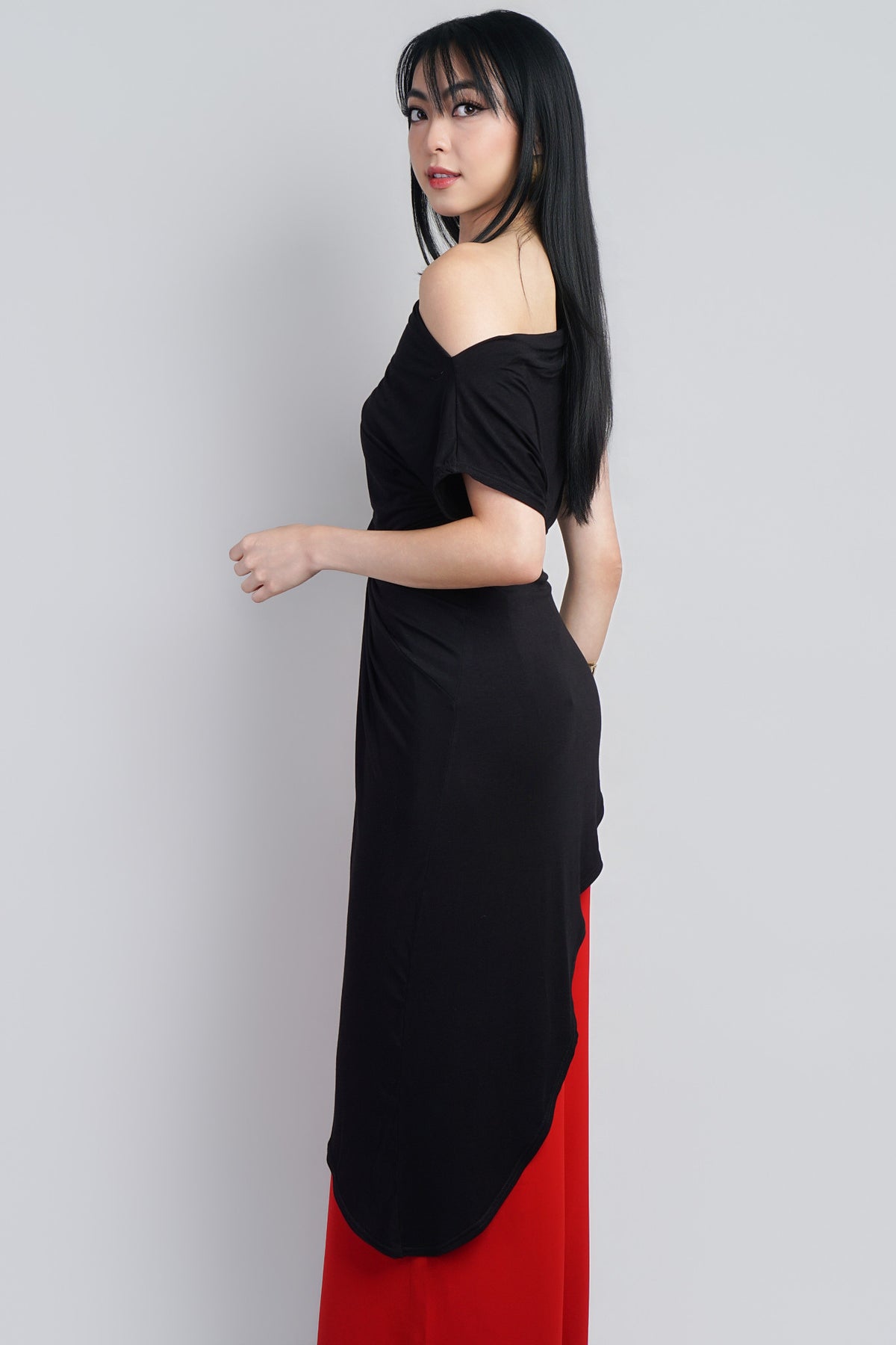 Indie  Black Asym Long Side Drape Top :PREORDER