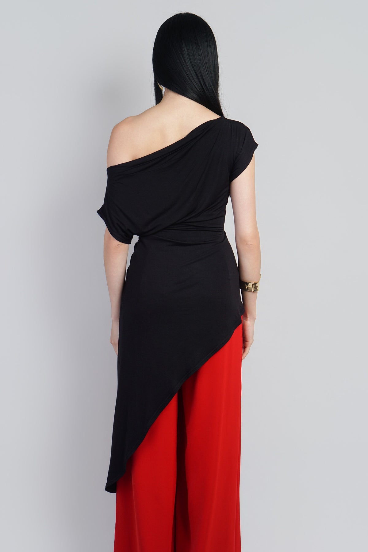 Indie  Black Asym Long Side Drape Top :PREORDER