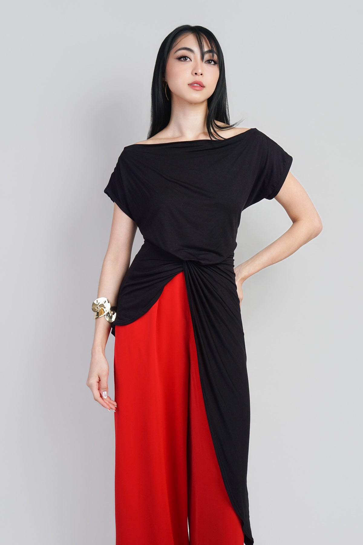 Indie  Black Asym Long Side Drape Top :PREORDER
