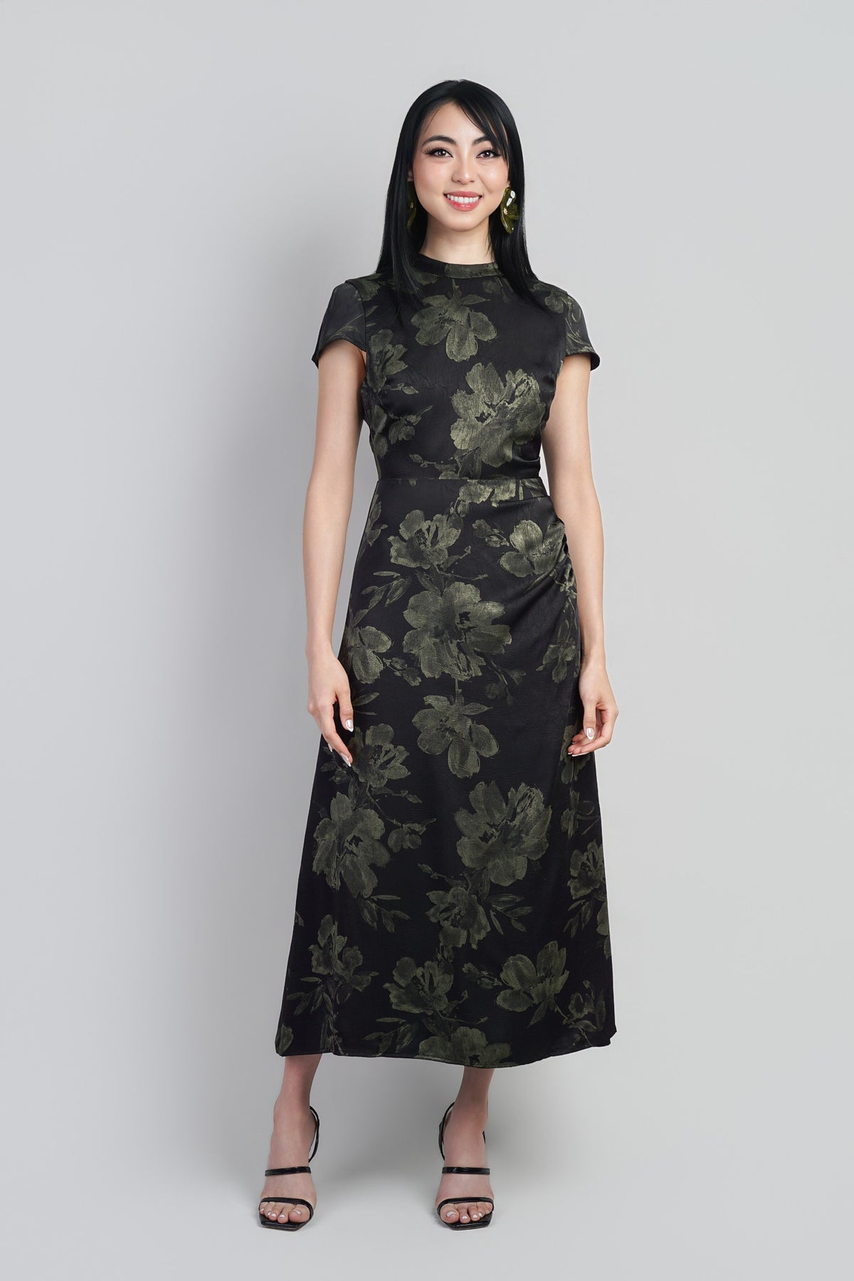 Black/Olive Floral Print Foil Cap Sleeve V Back Neck Midi Dress
