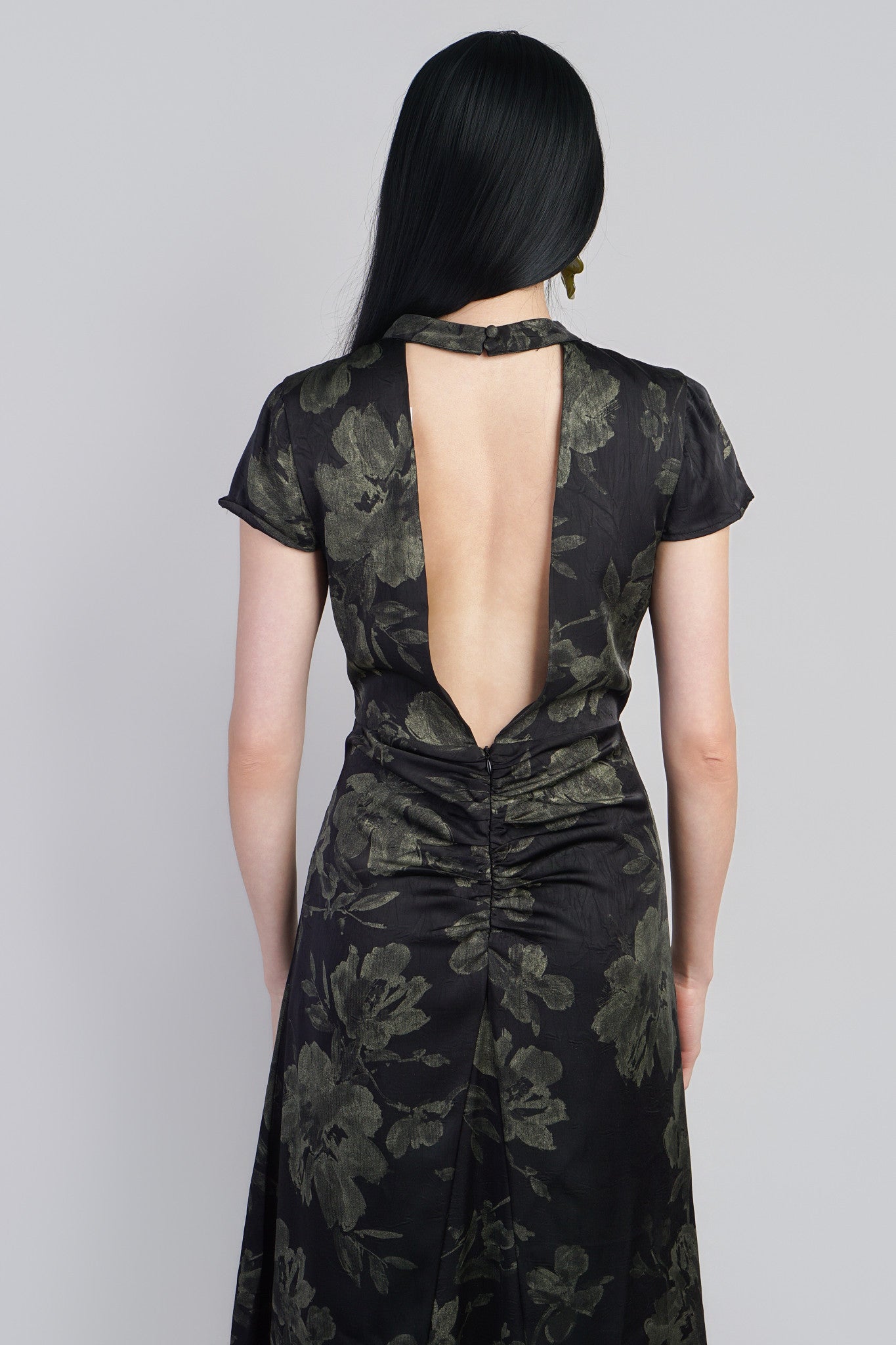 Black/Olive Floral Print Foil Cap Sleeve V Back Neck Midi Dress