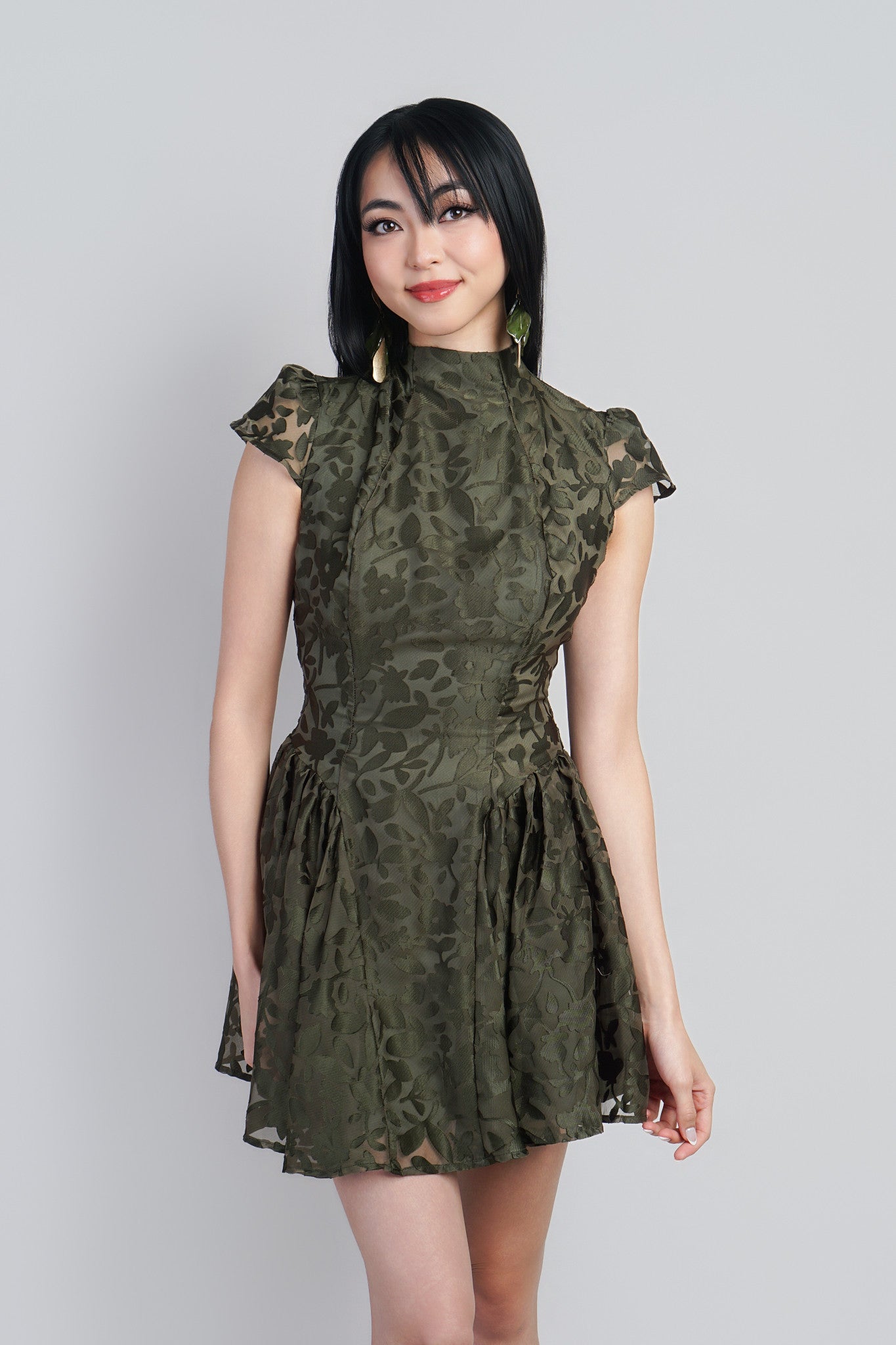 Olive Mock Nk  Burnout Floral Dress