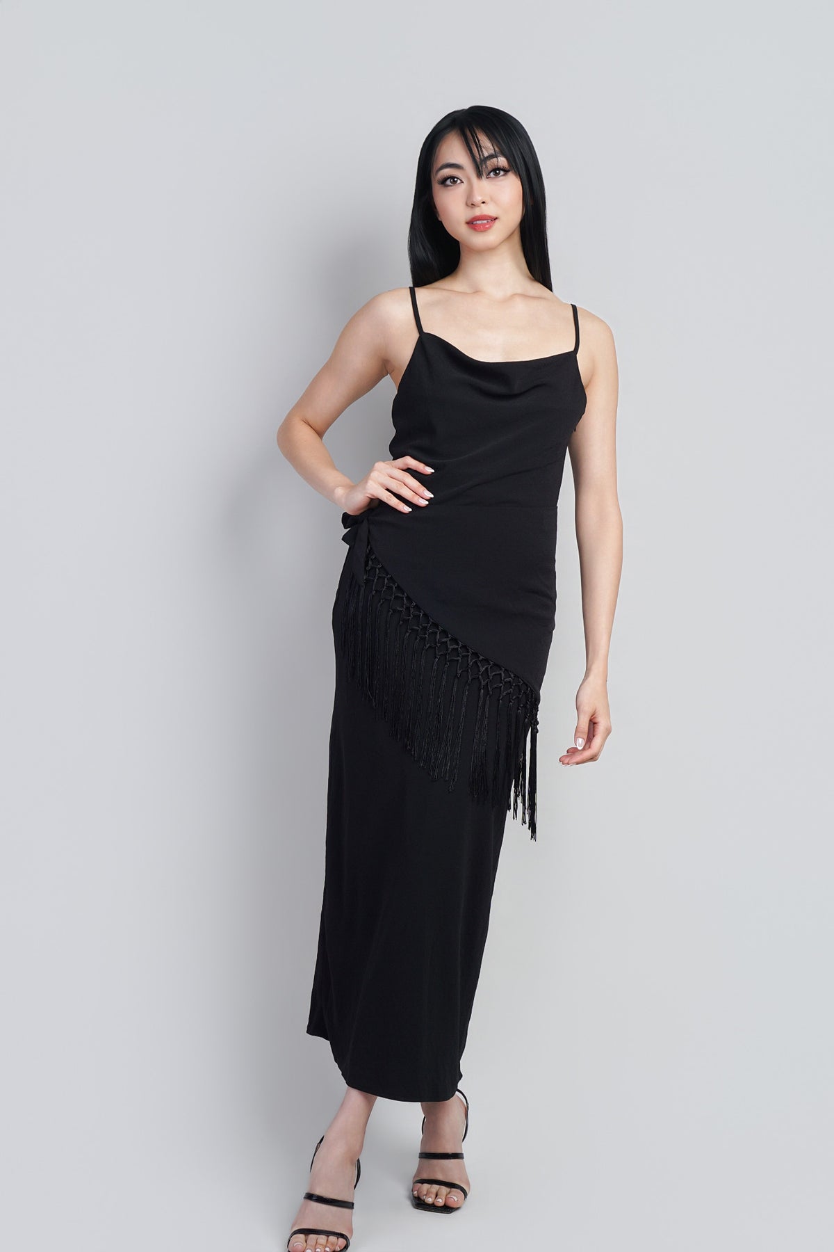 Black Slip Dress W/ Fringe Scarf