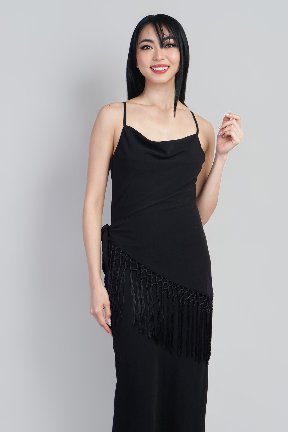 Black Slip Dress W/ Fringe Scarf