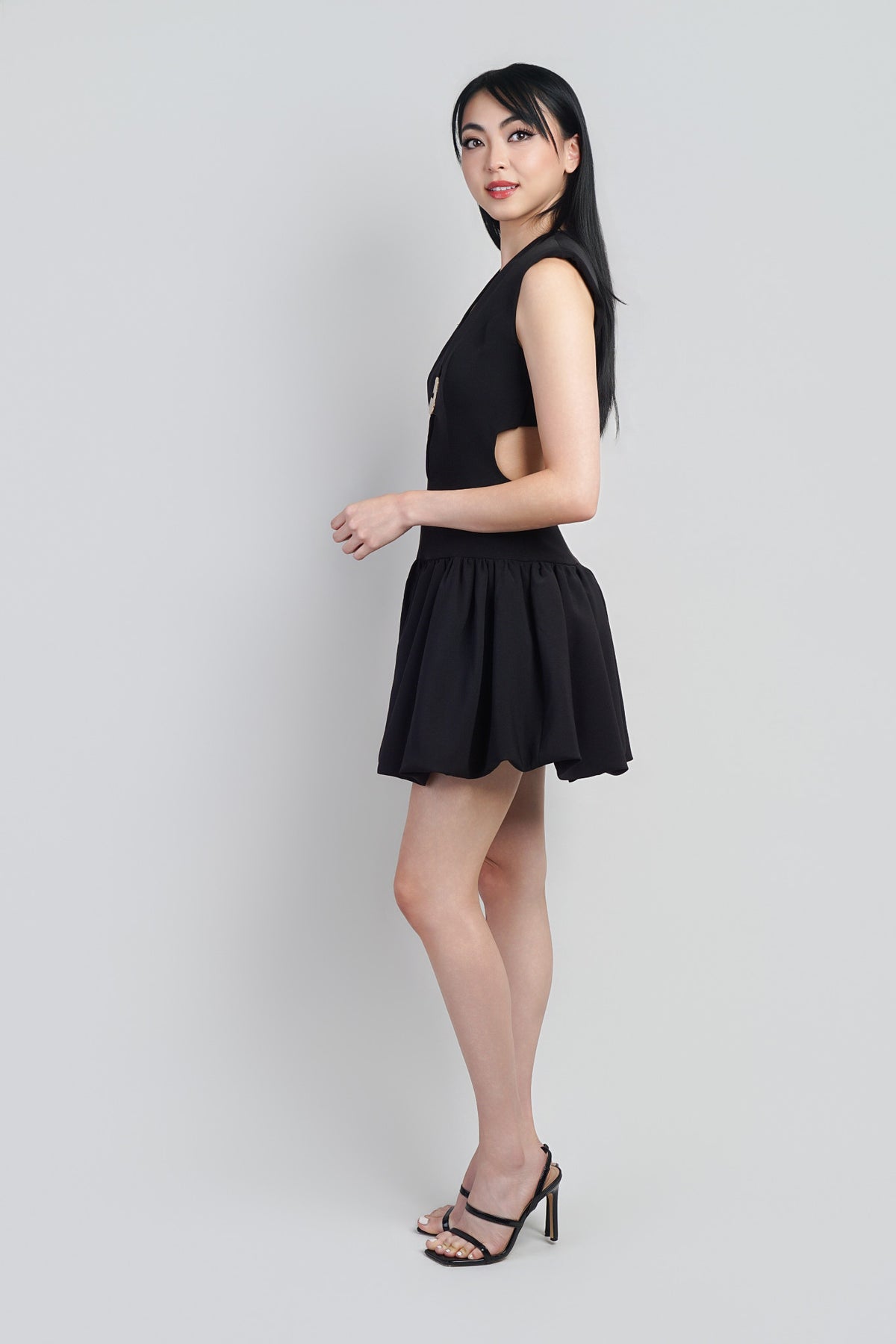 Black  V Neck Drape Waist  Puffball Dress