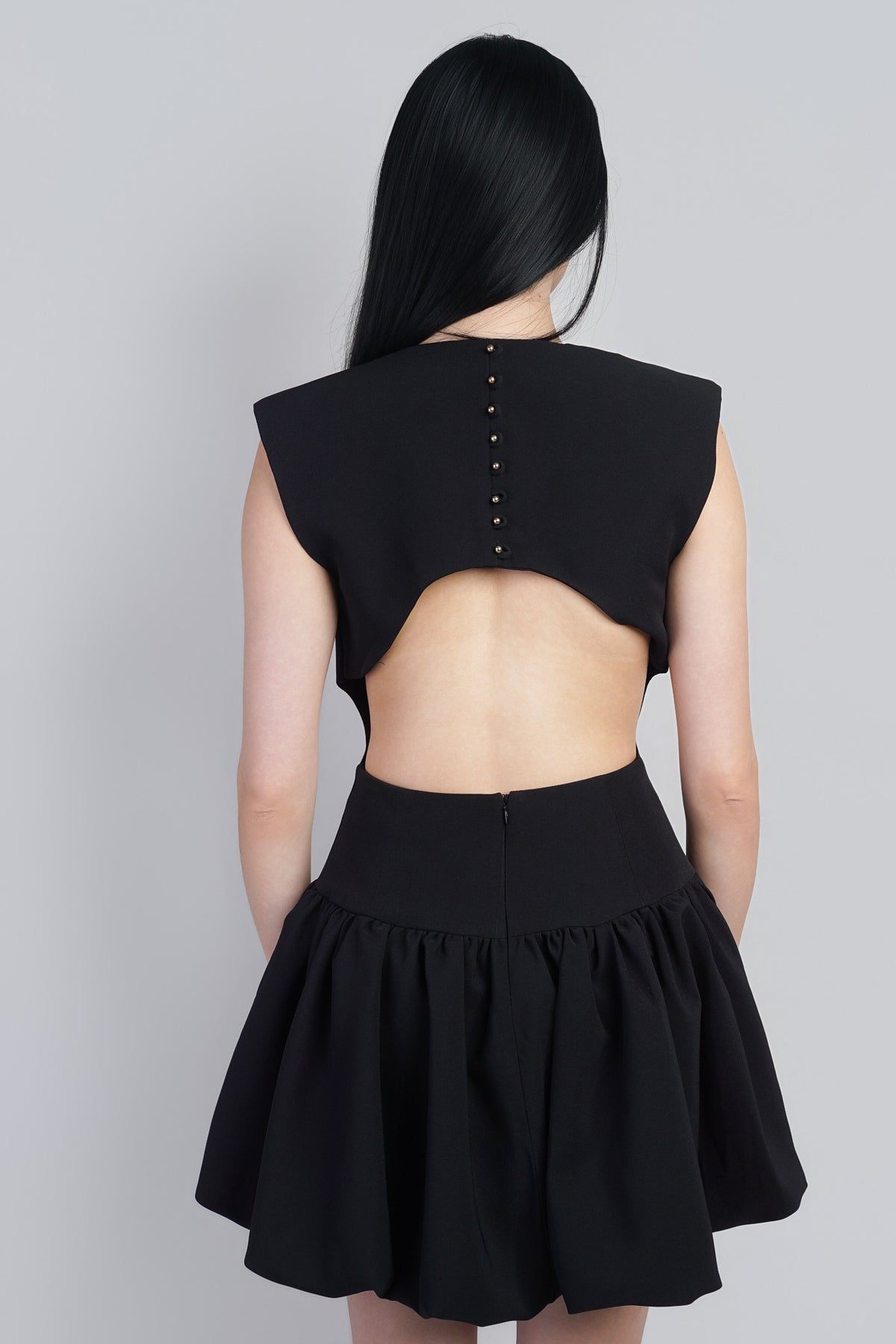 Black  V Neck Drape Waist  Puffball Dress
