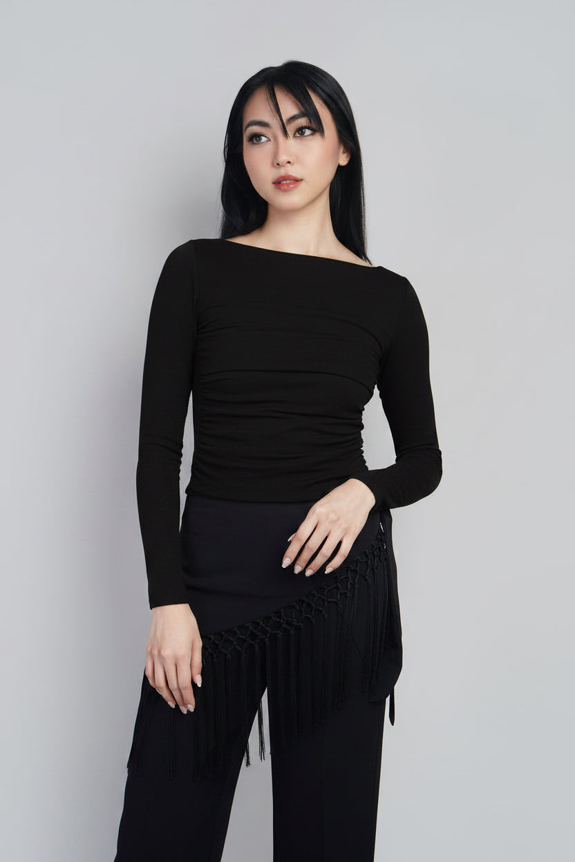 Ivory Layered Ruched Bodice Long Sleeve Knit Top