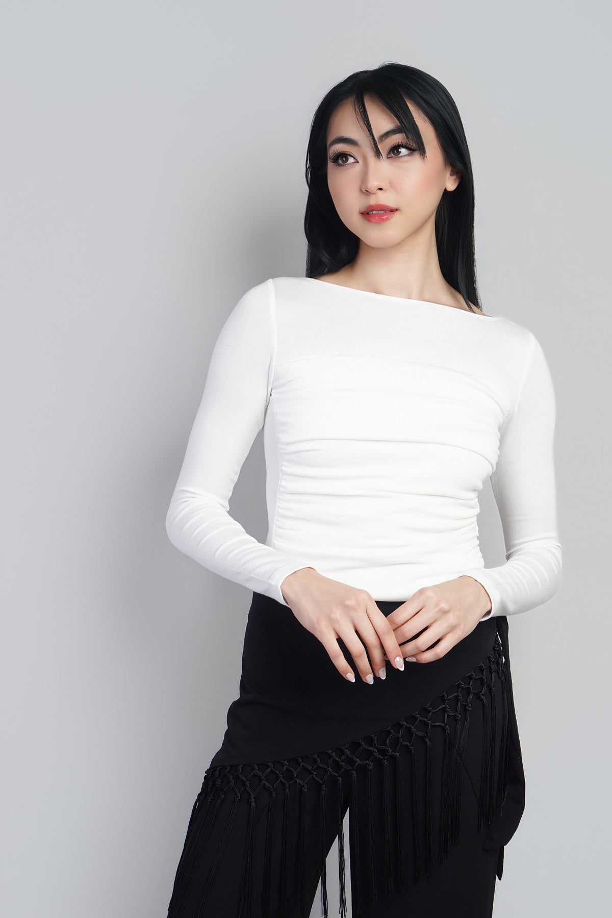 Ivory Layered Ruched Bodice Long Sleeve Knit Top