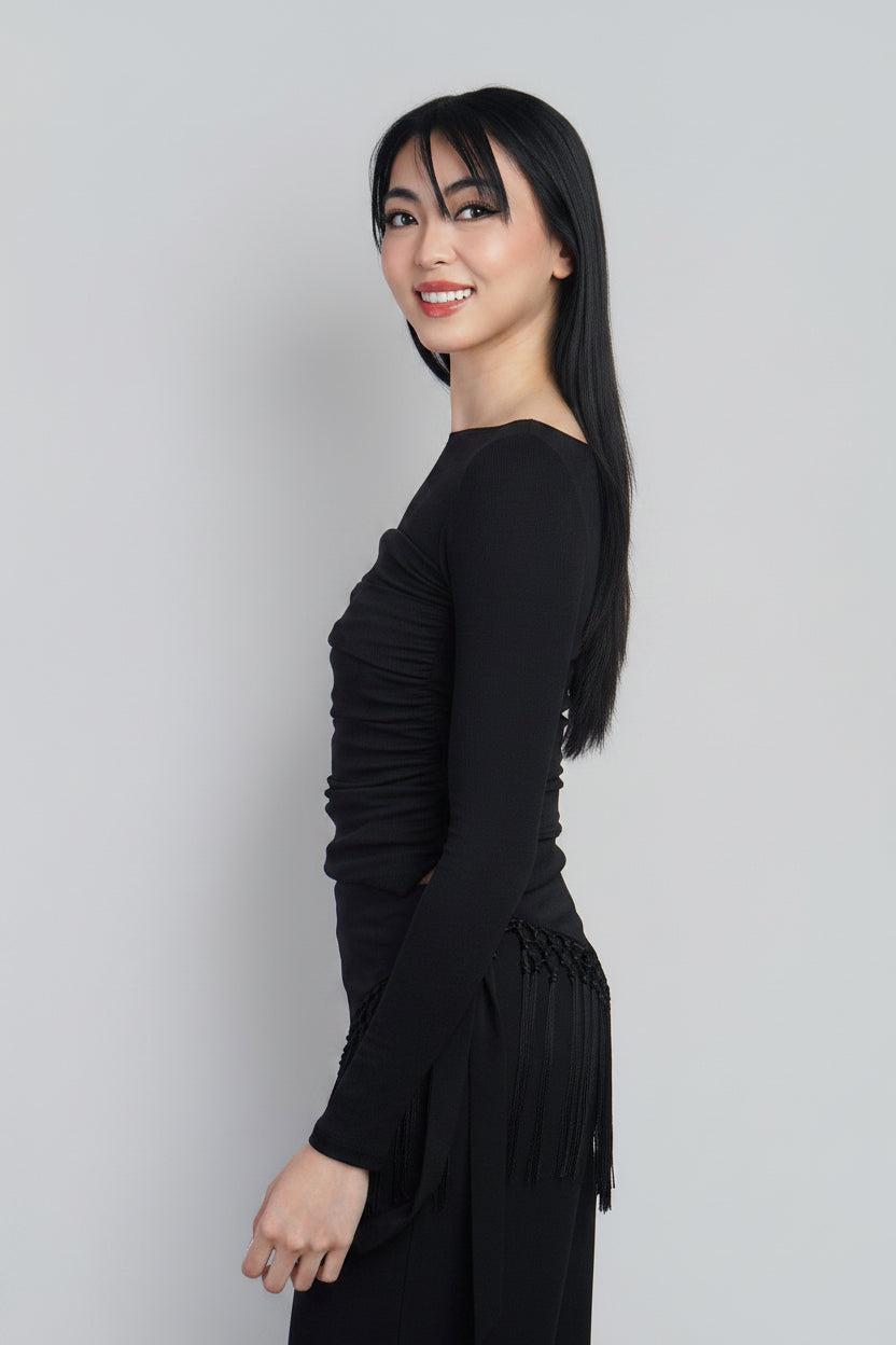 Ivory Layered Ruched Bodice Long Sleeve Knit Top