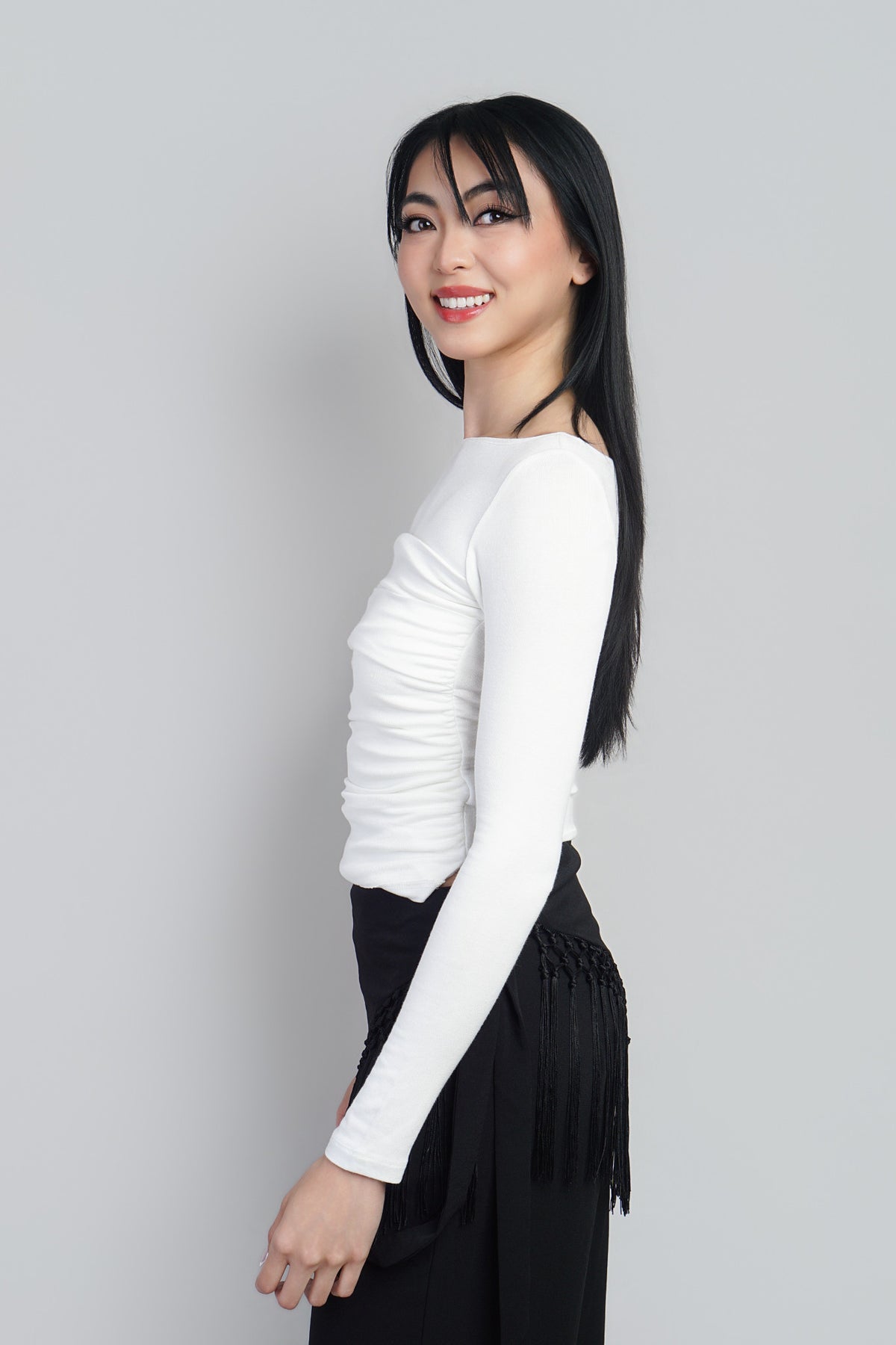 Ivory Layered Ruched Bodice Long Sleeve Knit Top