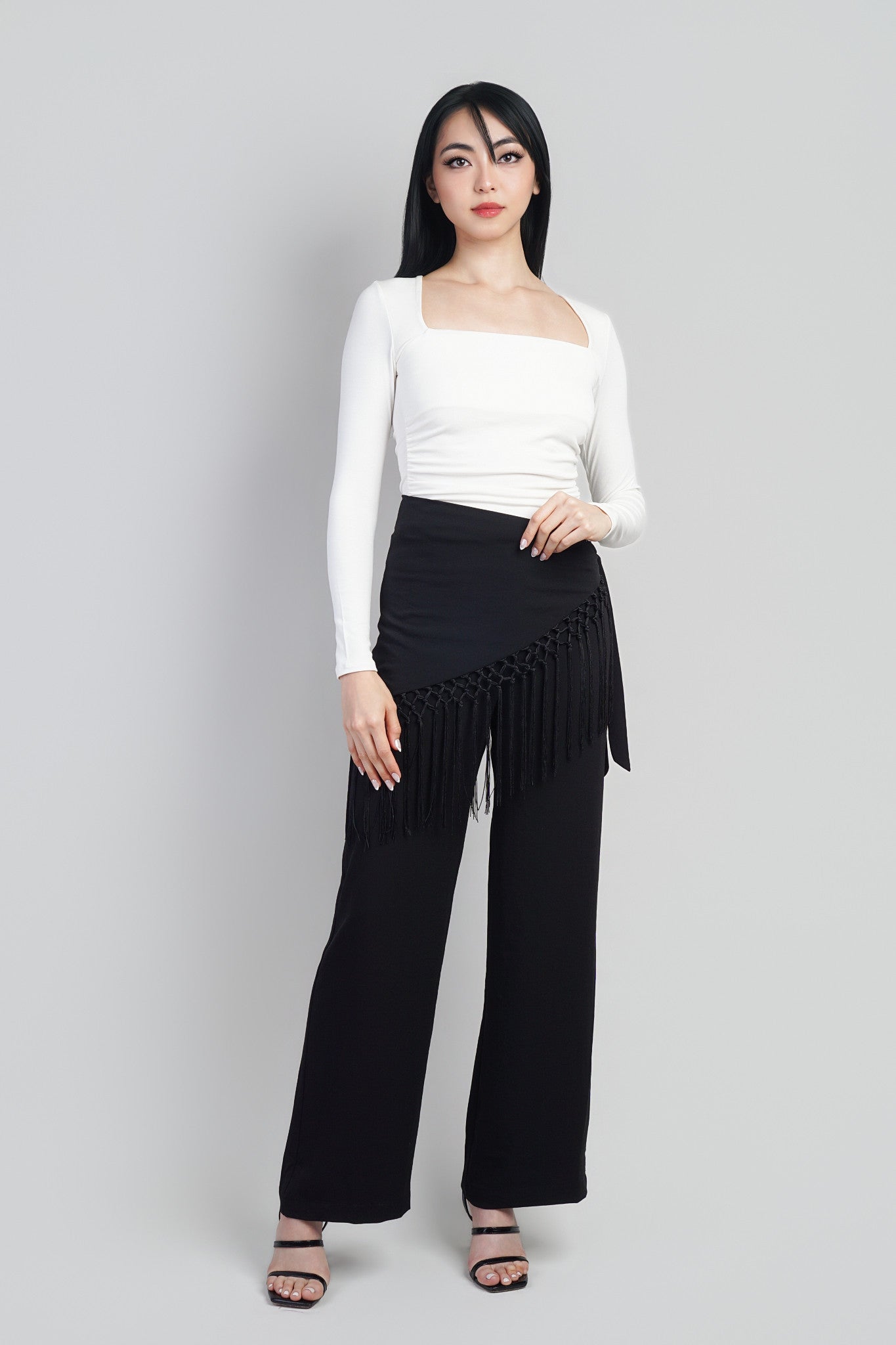 Ivory Square Neck Long Sleeve Ruched Side Knit Top