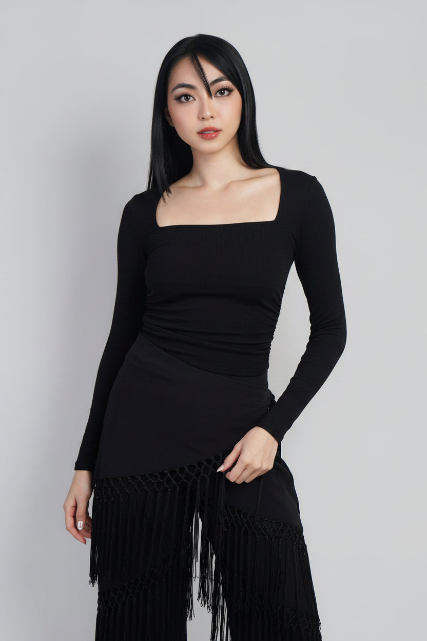 Black  Square Neck Long Sleeve Ruched Side Knit Top