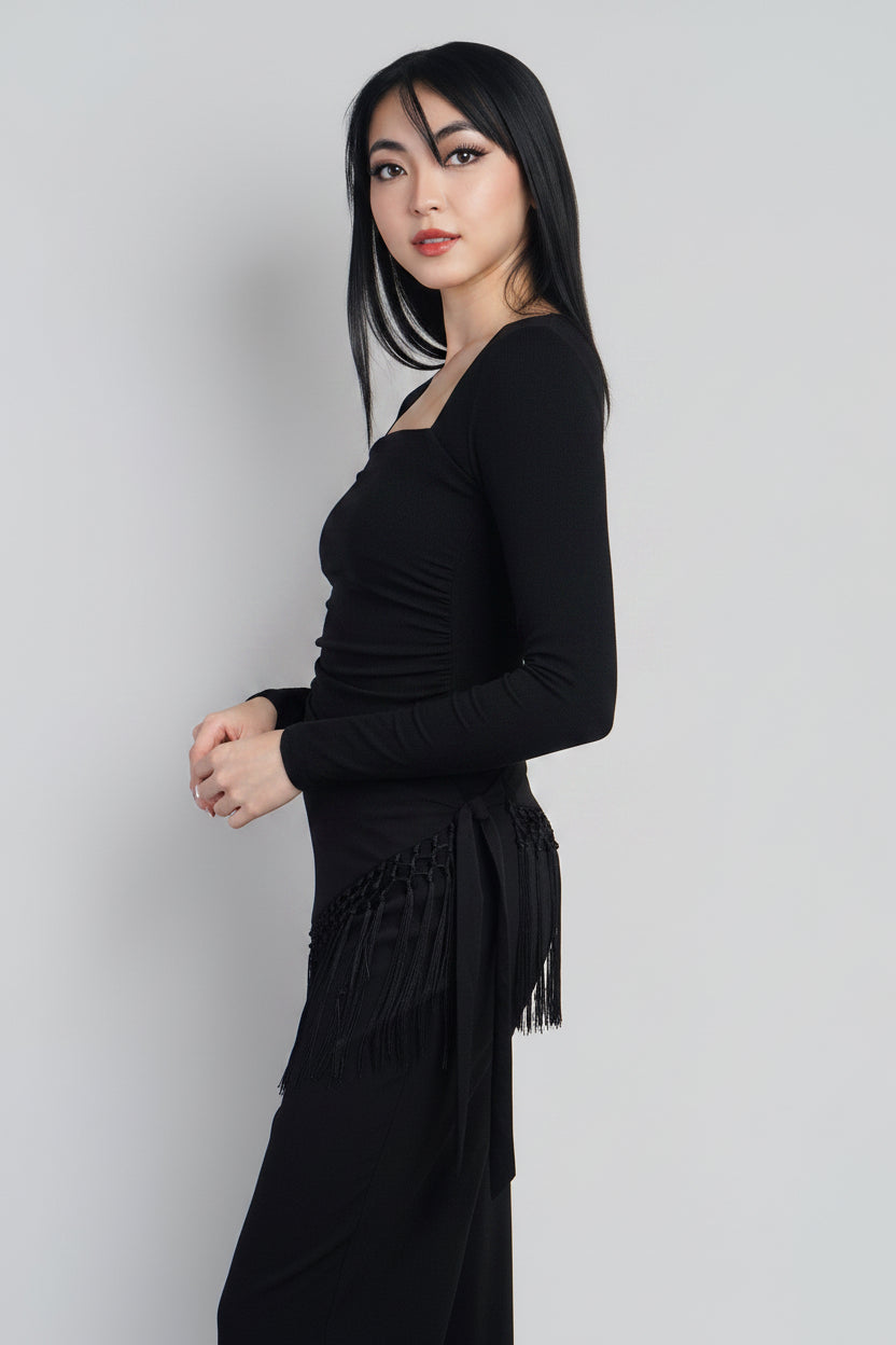 Black  Square Neck Long Sleeve Ruched Side Knit Top