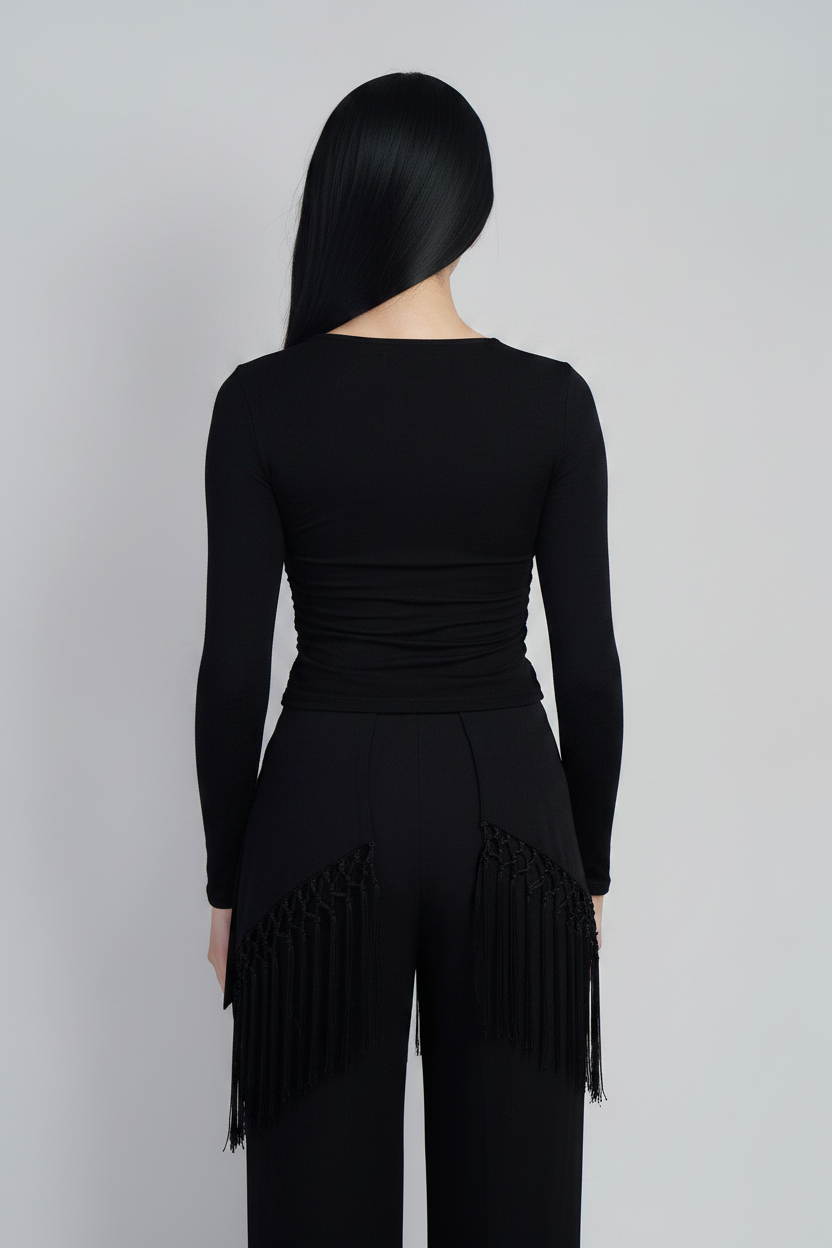 Black  Square Neck Long Sleeve Ruched Side Knit Top