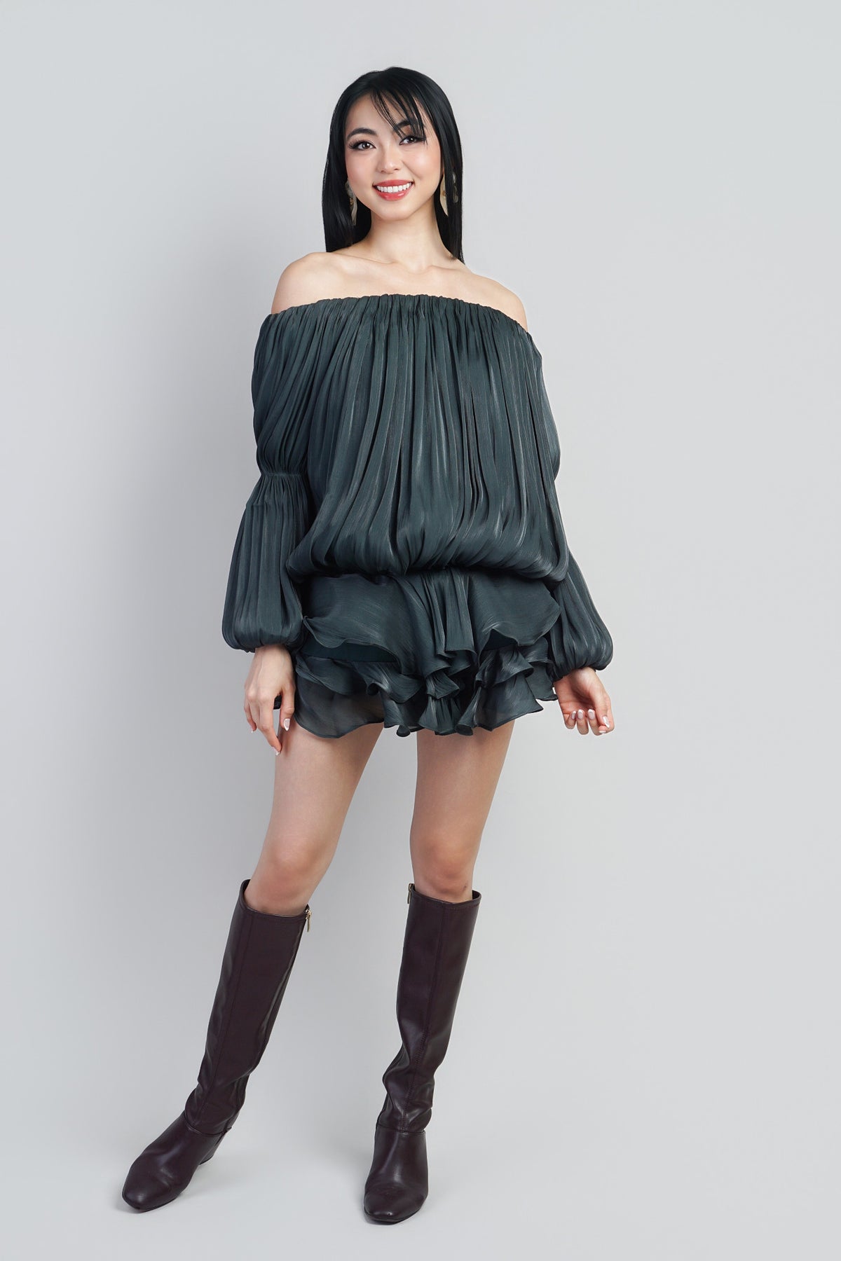 Forest Green Off Shoulder  Metallic Sheen Lux Mini Dress