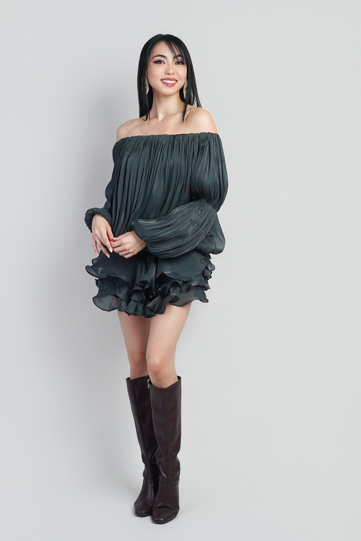 Forest Green Off Shoulder  Metallic Sheen Lux Mini Dress