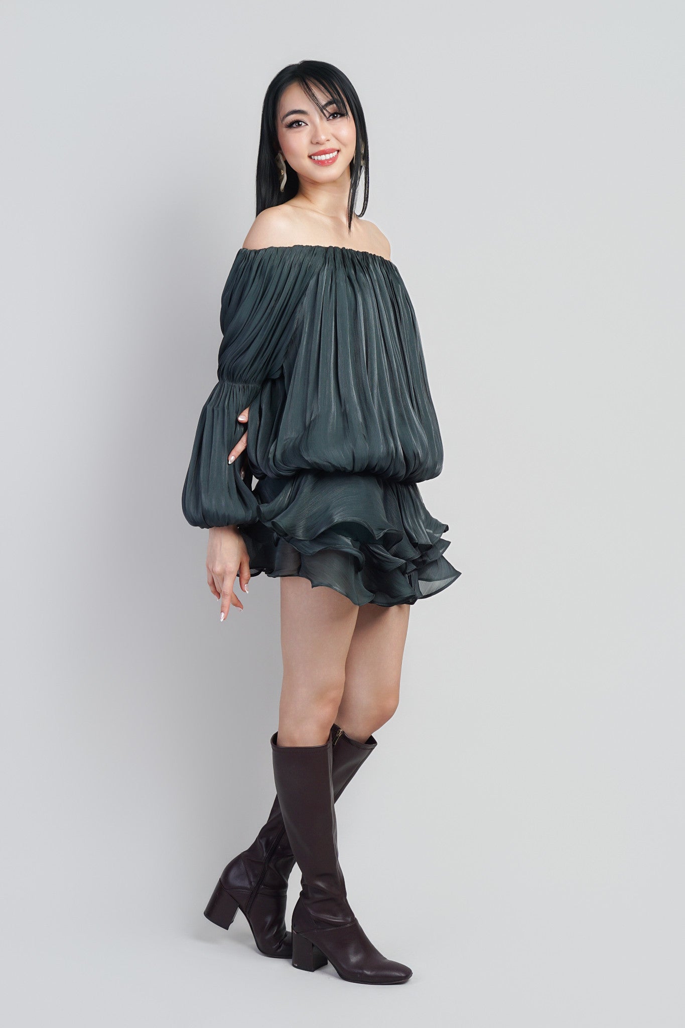 Forest Green Off Shoulder  Metallic Sheen Lux Mini Dress