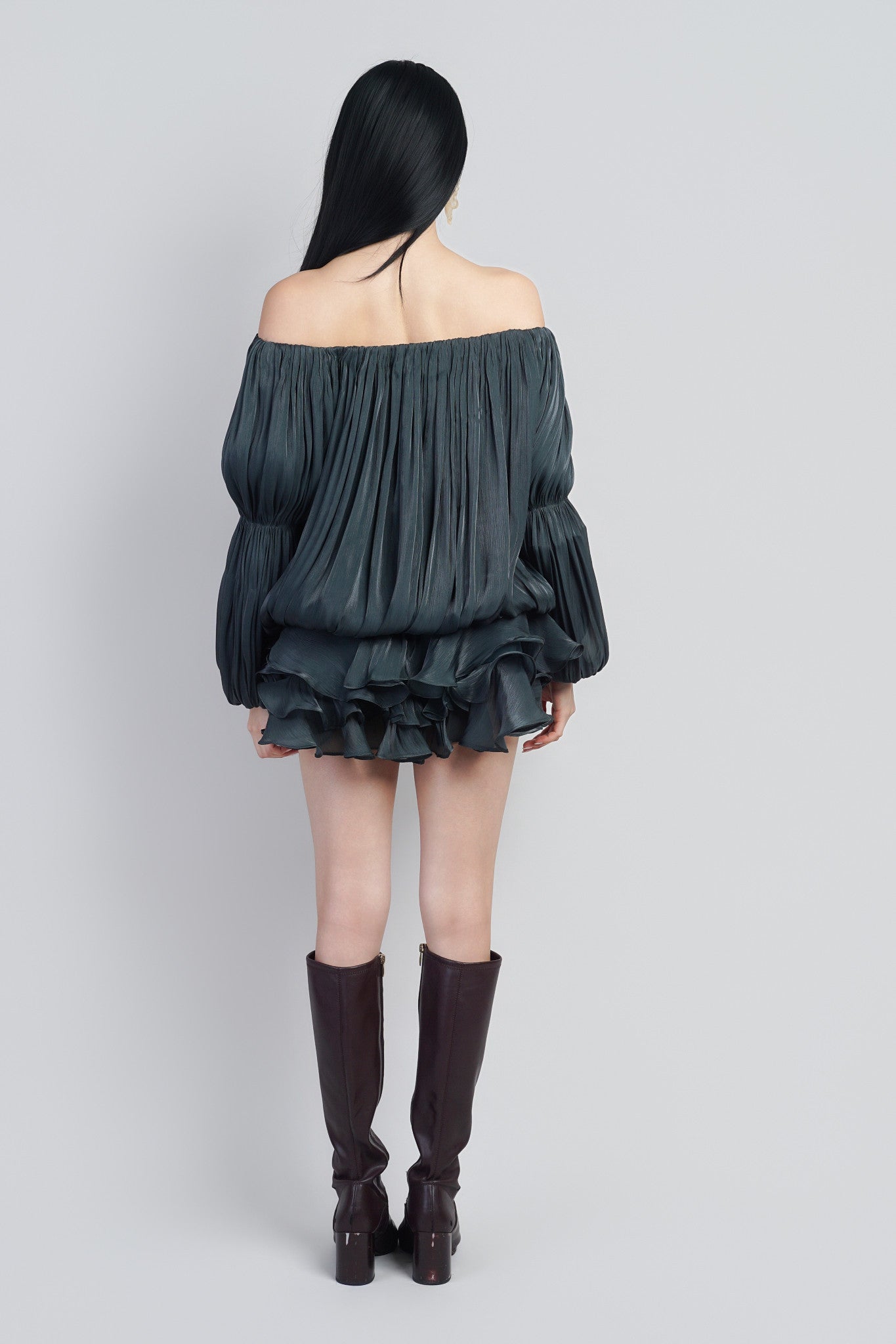 Forest Green Off Shoulder  Metallic Sheen Lux Mini Dress
