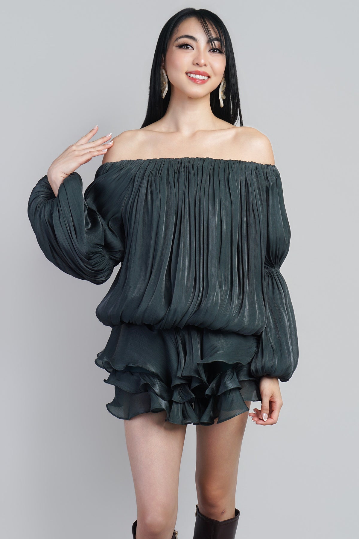 Forest Green Off Shoulder  Metallic Sheen Lux Mini Dress