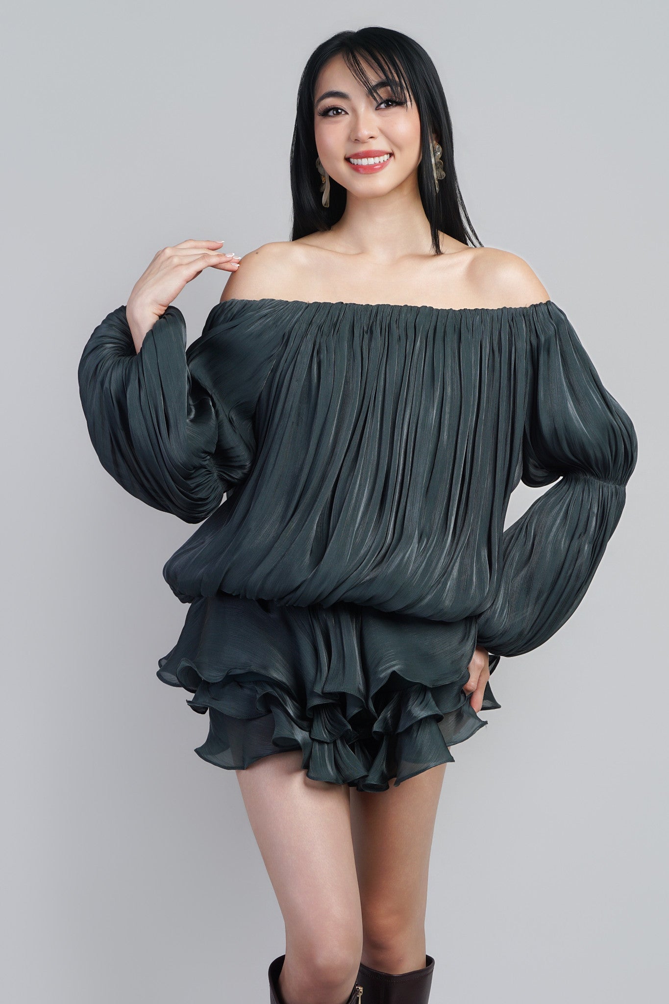 Forest Green Off Shoulder  Metallic Sheen Lux Mini Dress