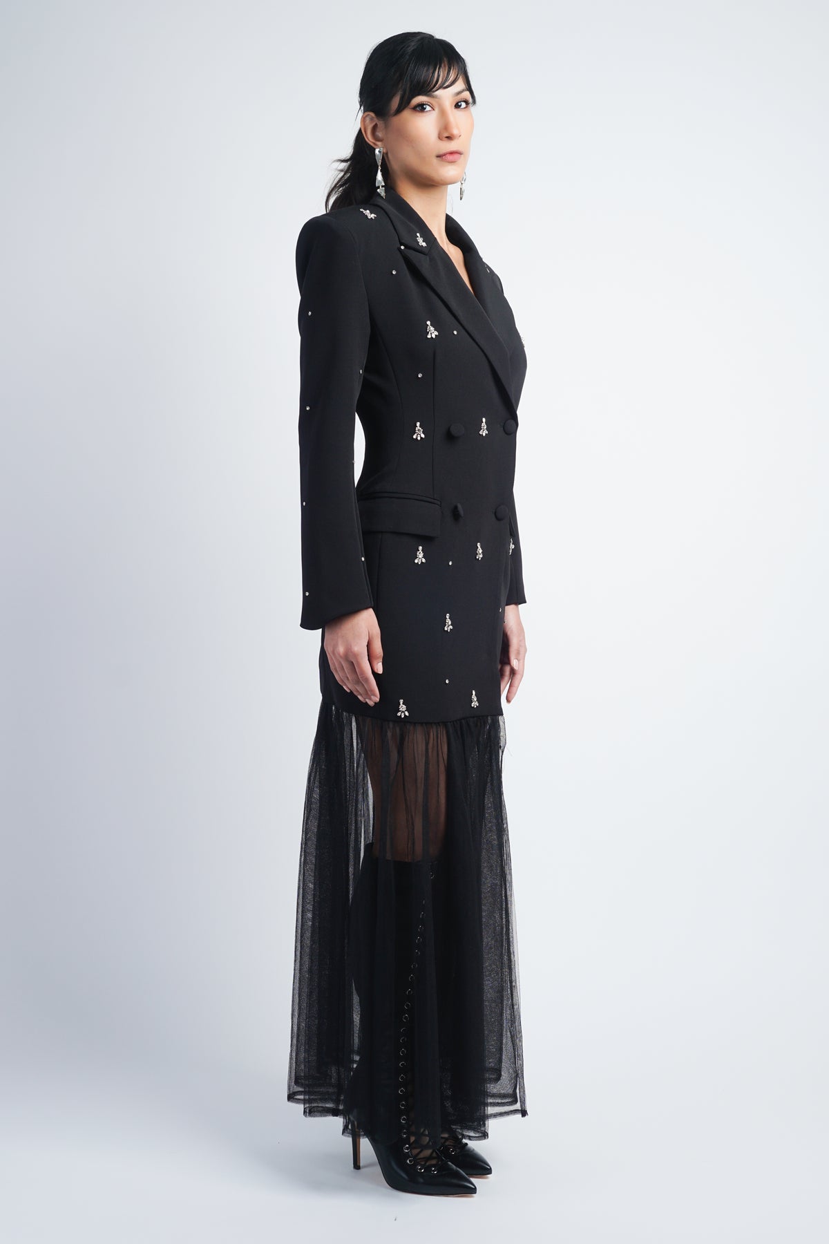 Black Embellished Tulle Maxi Blazer Dress