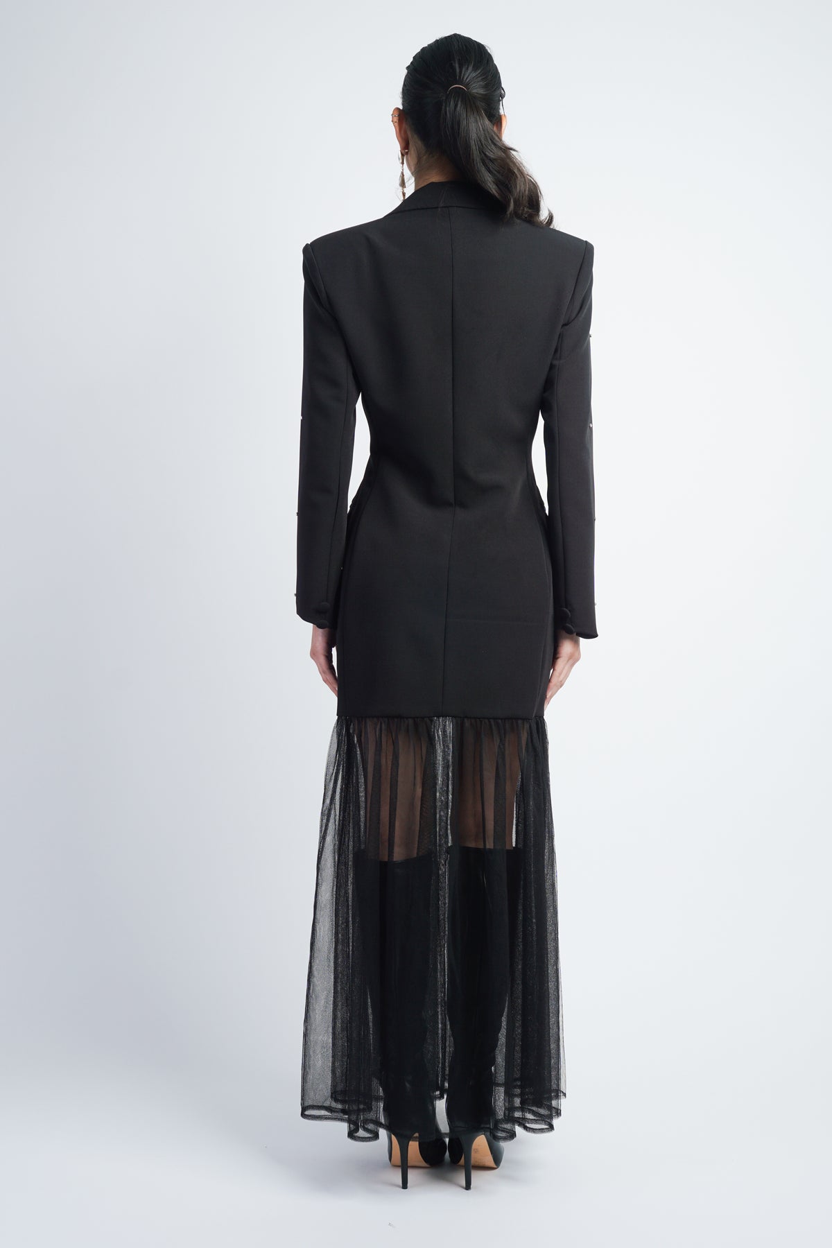 Black Embellished Tulle Maxi Blazer Dress