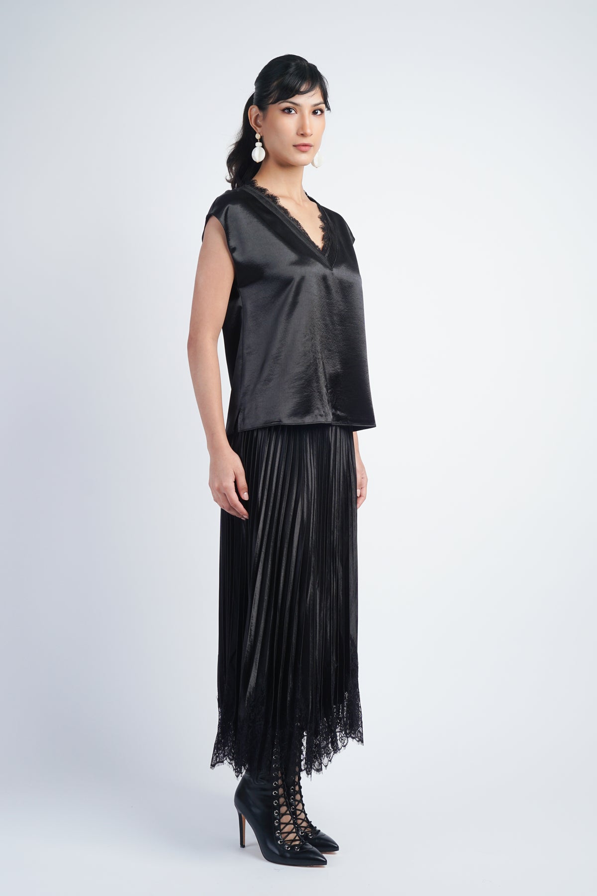Black Lace V-Neck Cap Sleeve Blouse