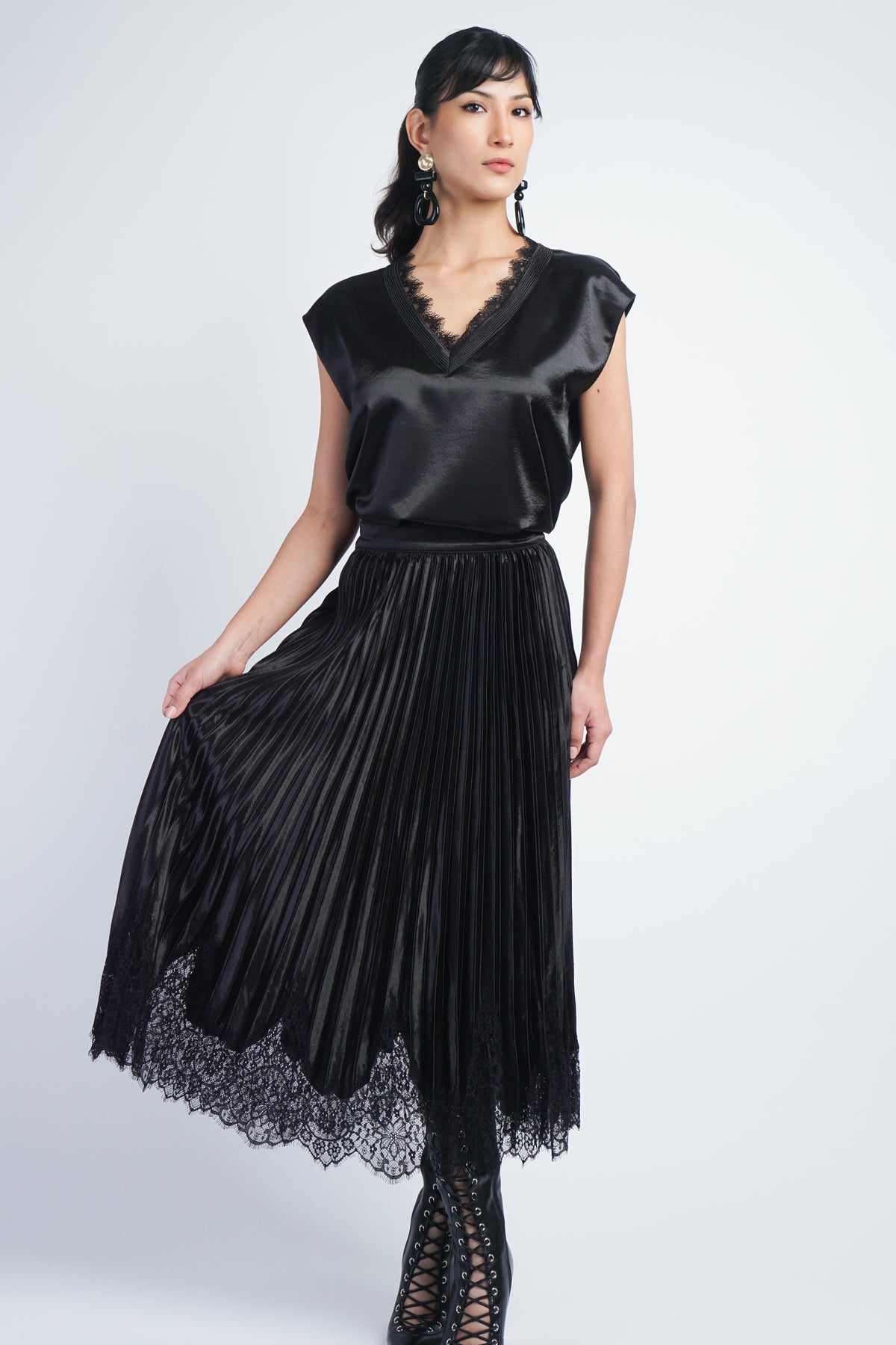 Black Lace V-Neck Cap Sleeve Blouse
