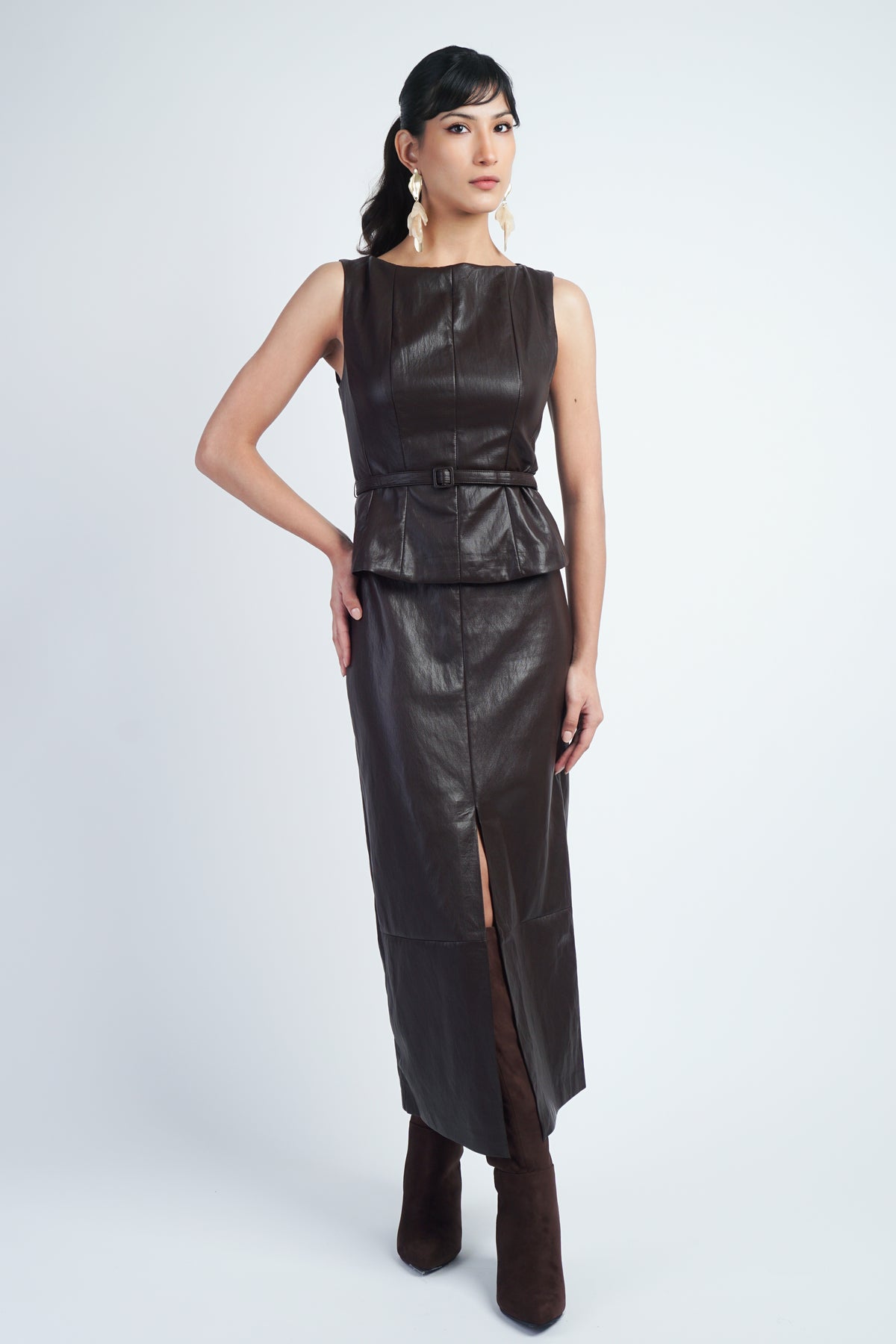 Choco Fondant Faux Leather Slim Long Pencil Skirt